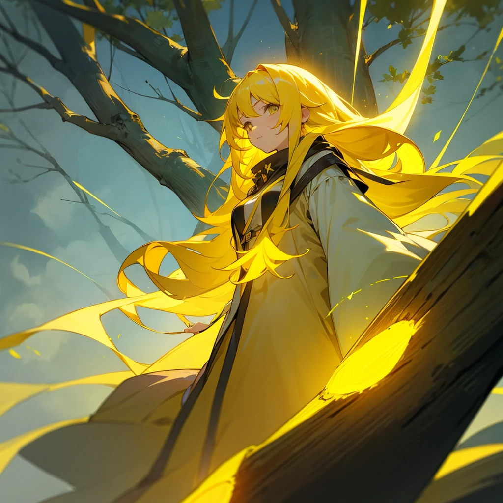 Anime girl with yellow hair as a mage that is young1girl, Long Hair, looking at a tree that is glowing with yellow aura and the tree is tall