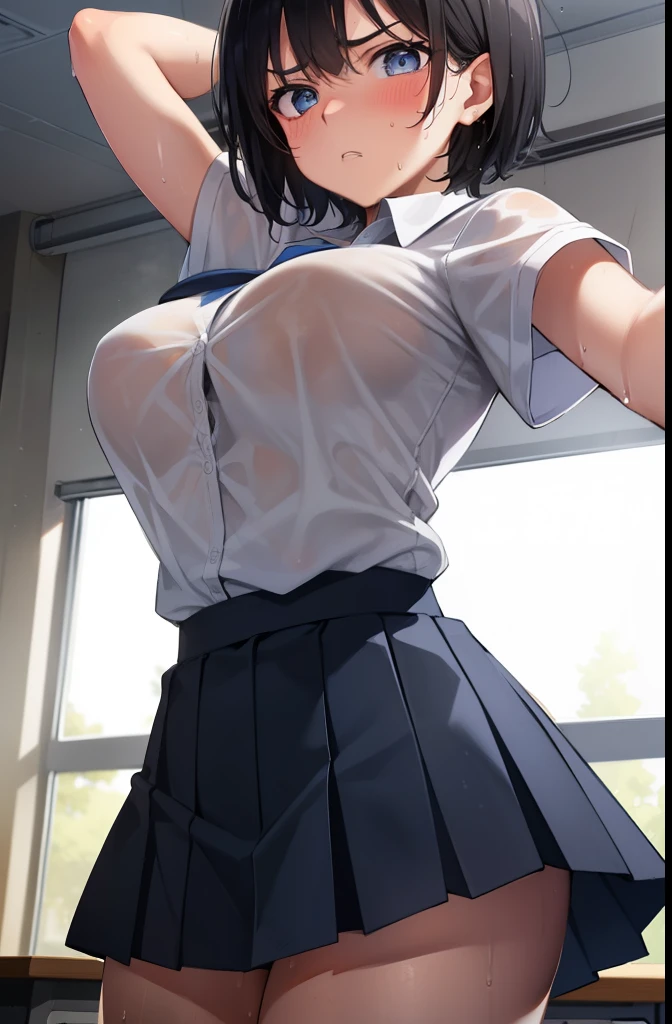 boyish,Very short hair,Black Hair,Large Breasts,Summer uniform,blush,Serious face,blue eyes,mini skirt,Sweaty,Wet,High school classroom,Cowboy Shot,View your viewers,Raise both arms high up