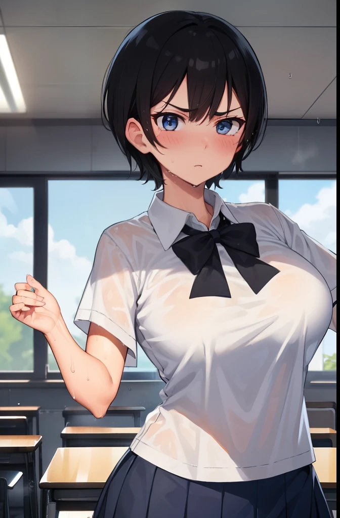 boyish,Very short hair,Black Hair,Large Breasts,Summer uniform,blush,Serious face,blue eyes,mini skirt,Sweaty,Wet,High school classroom,Cowboy Shot,View your viewers,Raise both arms high up