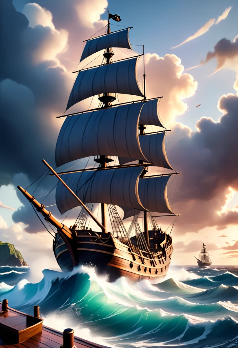 pirate ship, pirate crew, pirate battle, stormy sea, crashing waves, cannon fire, wooden planks, ropes, sails, cloudy sky, dramatic lighting, warm color palette, cinematic composition, (best quality,4k,8k,highres,masterpiece:1.2),ultra-detailed,(realistic,photorealistic,photo-realistic:1.37),cinematic angle, dynamic action, intricate details, dramatic shadows, epic scale, powerful composition