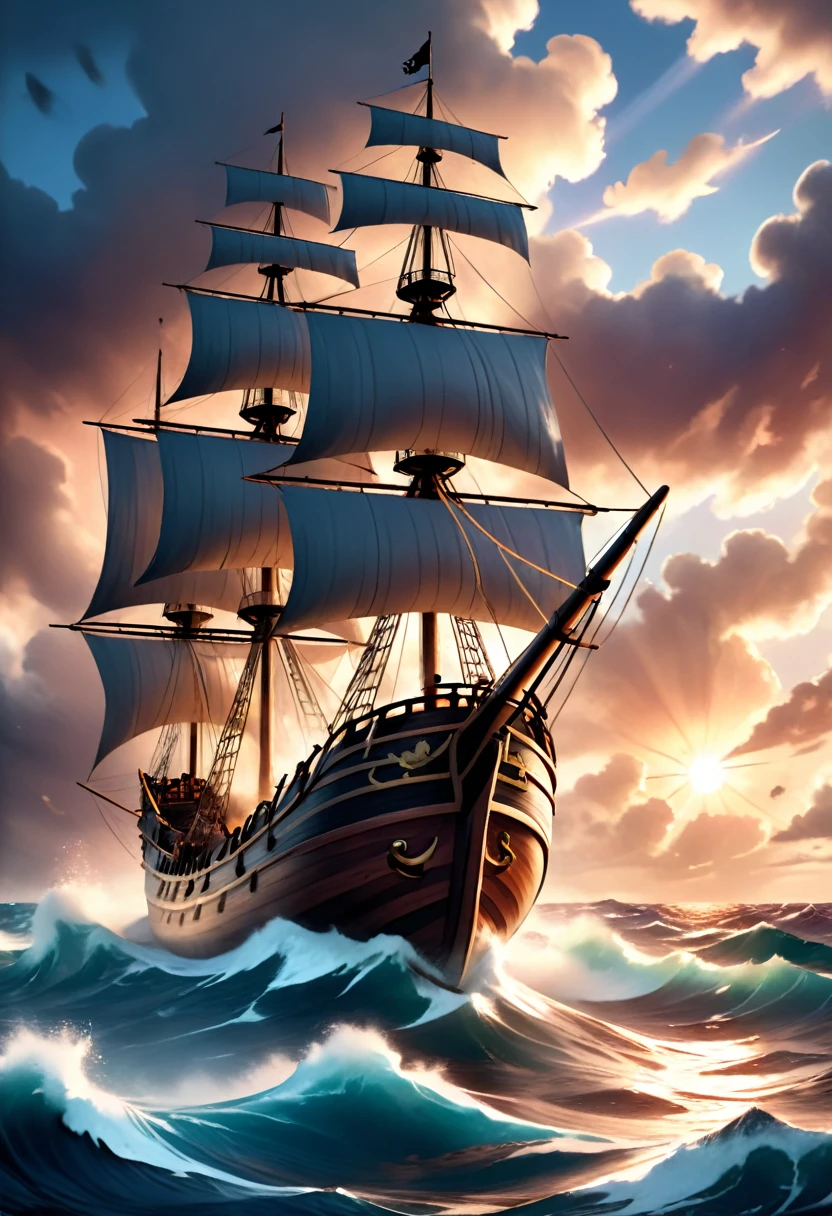 pirate ship, pirate crew, pirate battle, stormy sea, crashing waves, cannon fire, wooden planks, ropes, sails, cloudy sky, dramatic lighting, warm color palette, cinematic composition, (best quality,4k,8k,highres,masterpiece:1.2),ultra-detailed,(realistic,photorealistic,photo-realistic:1.37),cinematic angle, dynamic action, intricate details, dramatic shadows, epic scale, powerful composition