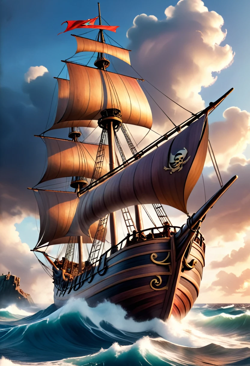 pirate ship, pirate crew, pirate battle, stormy sea, crashing waves, cannon fire, wooden planks, ropes, sails, cloudy sky, dramatic lighting, warm color palette, cinematic composition, (best quality,4k,8k,highres,masterpiece:1.2),ultra-detailed,(realistic,photorealistic,photo-realistic:1.37),cinematic angle, dynamic action, intricate details, dramatic shadows, epic scale, powerful composition