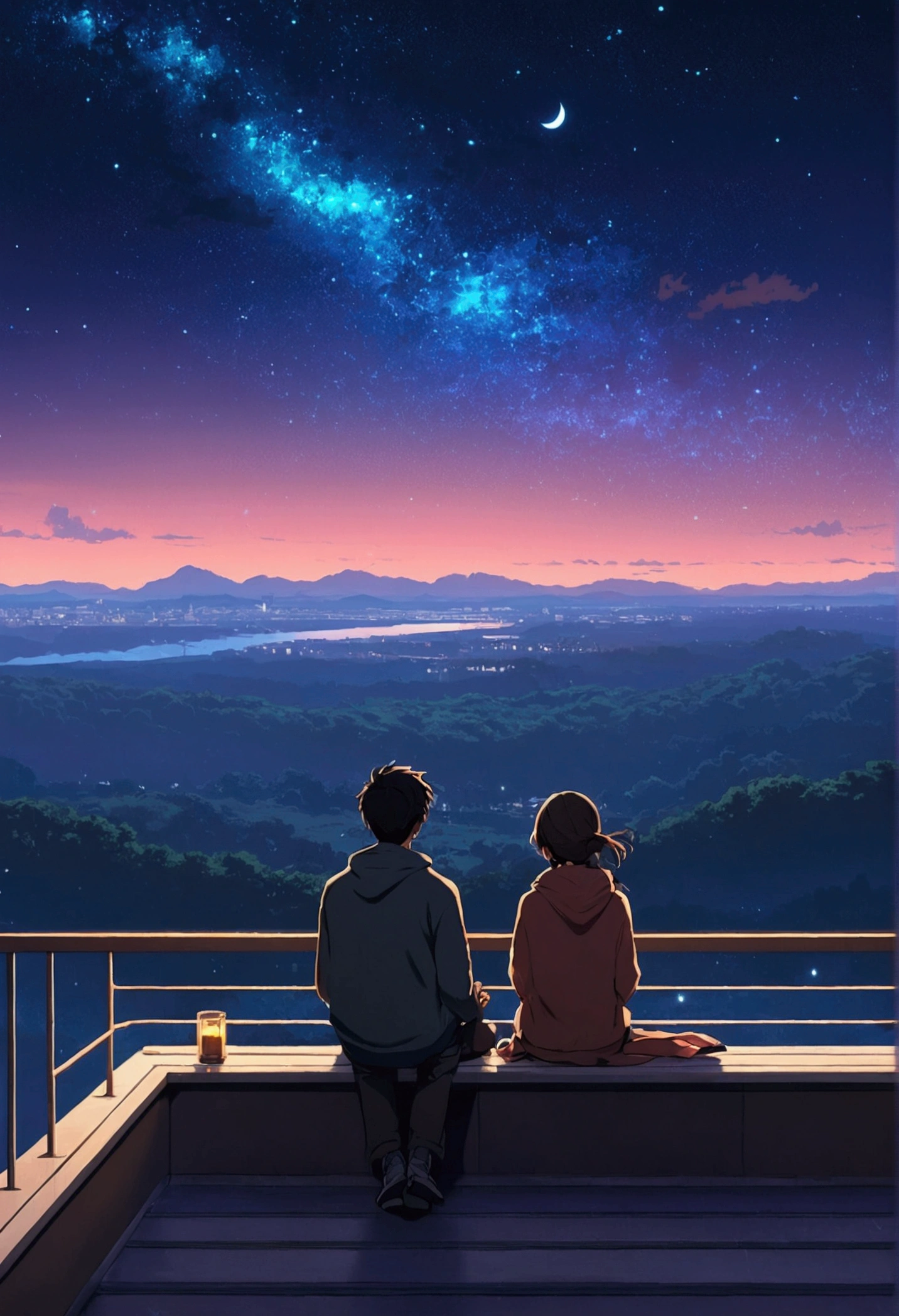 A couple sitting on the bank and looking at the stars, Digital Art by Alena Aenami, tumbler, Digital Art, Lo-fi art style, 4KAnime Wallpaper, Sit on the roof, Anime Wallpaper4k, Anime Wallpaper 4k, Anime Aesthetics, anime art wallpaper 4k, Lo-fi feeling, anime art wallpaper 4k, Anime Wallpaper
