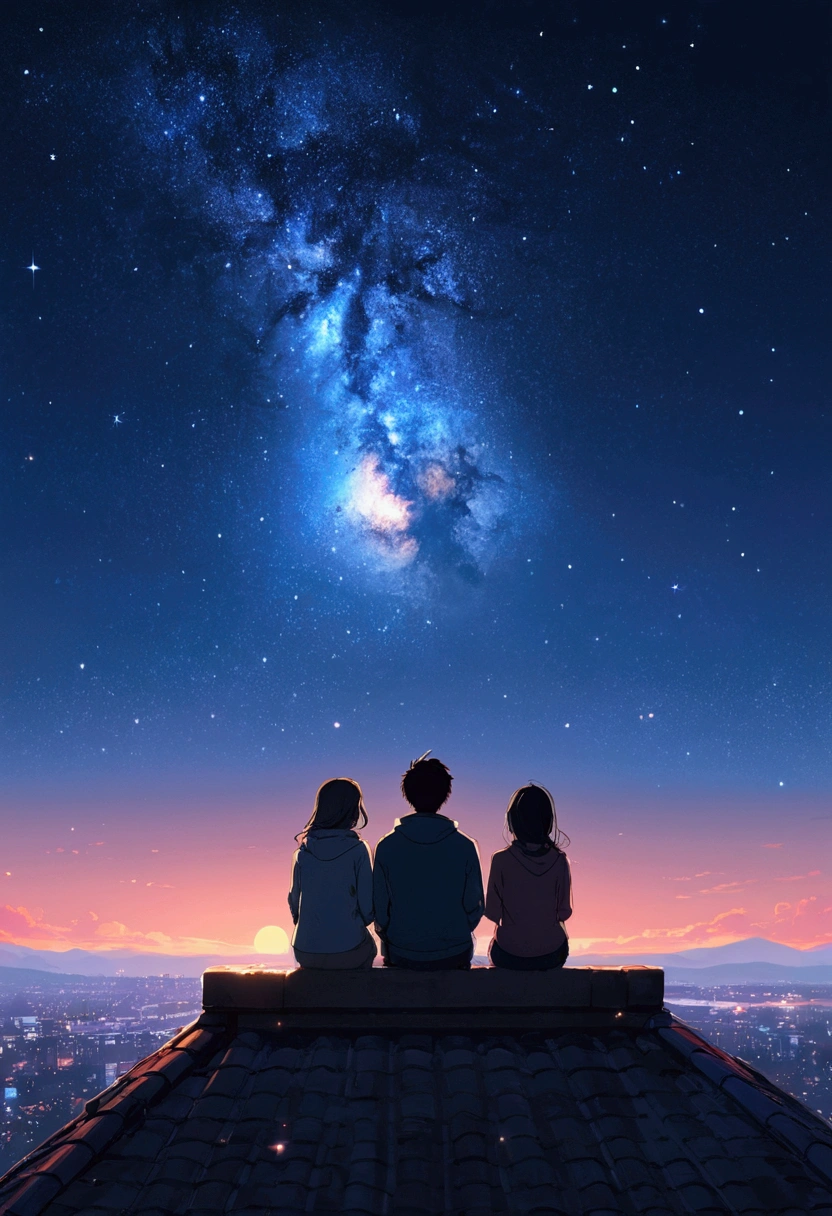 A couple sitting on the bank and looking at the stars, Digital Art by Alena Aenami, tumbler, Digital Art, Lo-fi art style, 4KAnime Wallpaper, Sit on the roof, Anime Wallpaper4k, Anime Wallpaper 4k, Anime Aesthetics, anime art wallpaper 4k, Lo-fi feeling, anime art wallpaper 4k, Anime Wallpaper