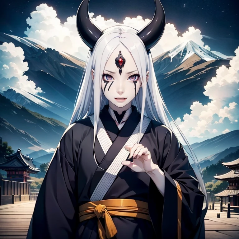 1 man, 40 years, solo, black kimono, night sky, japanese temple, wallpaper, perfect anatomy, perfect hands, masterpiece, looking at viewer, spiked hair, otsutsuki momoshiki, long white hair, hair over one eye, black gloves, third eye, pale skin, horns, forehead mark