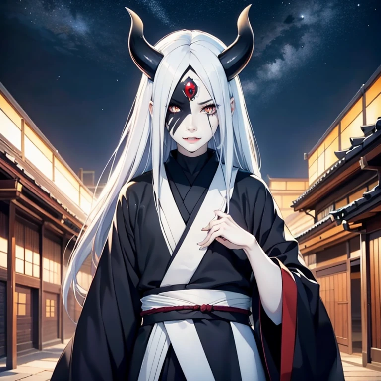 1 man, 40 years, solo, black kimono, night sky, japanese temple, wallpaper, perfect anatomy, perfect hands, masterpiece, looking at viewer, spiked hair, otsutsuki momoshiki, long white hair, hair over one eye, black gloves, third eye, pale skin, horns, forehead mark