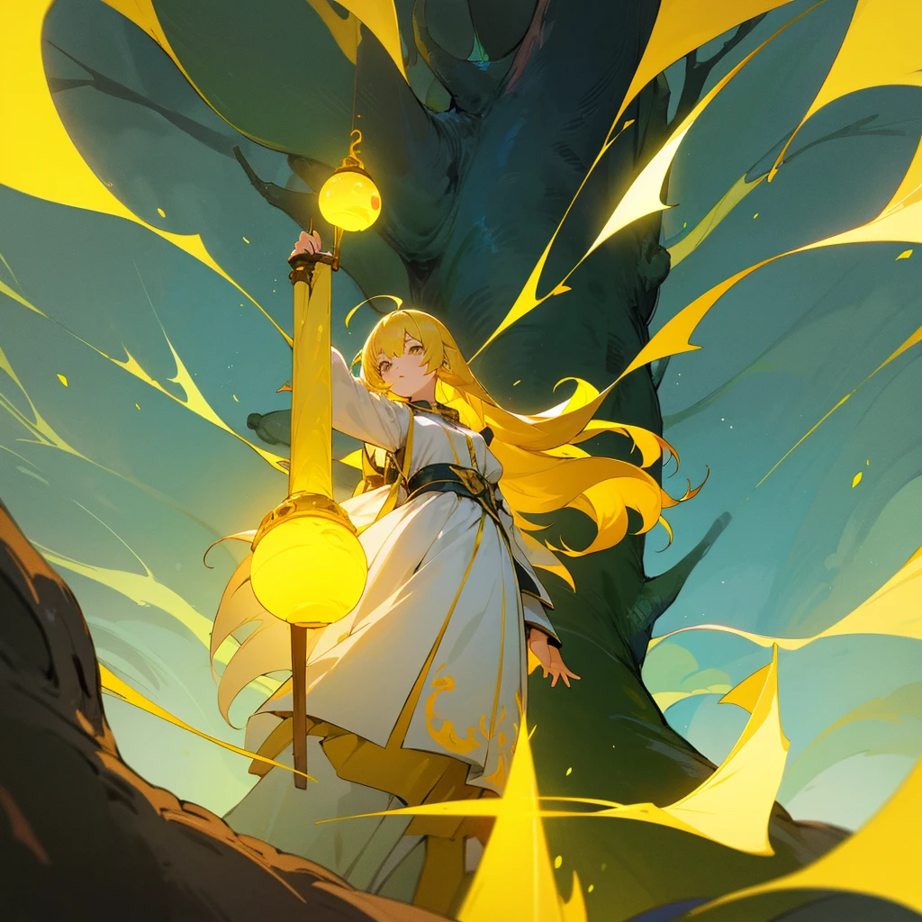 Anime girl with yellow hair as a mage that is young1girl, Long Hair, looking at a tree that is glowing with yellow aura and the tree is tall