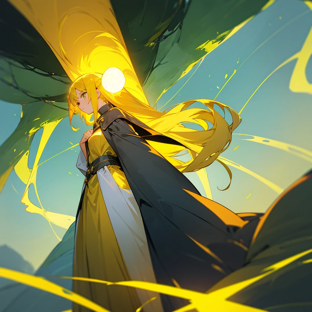 Anime girl with yellow hair as a mage that is young1girl, Long Hair, looking at a tree that is glowing with yellow aura and the tree is tall