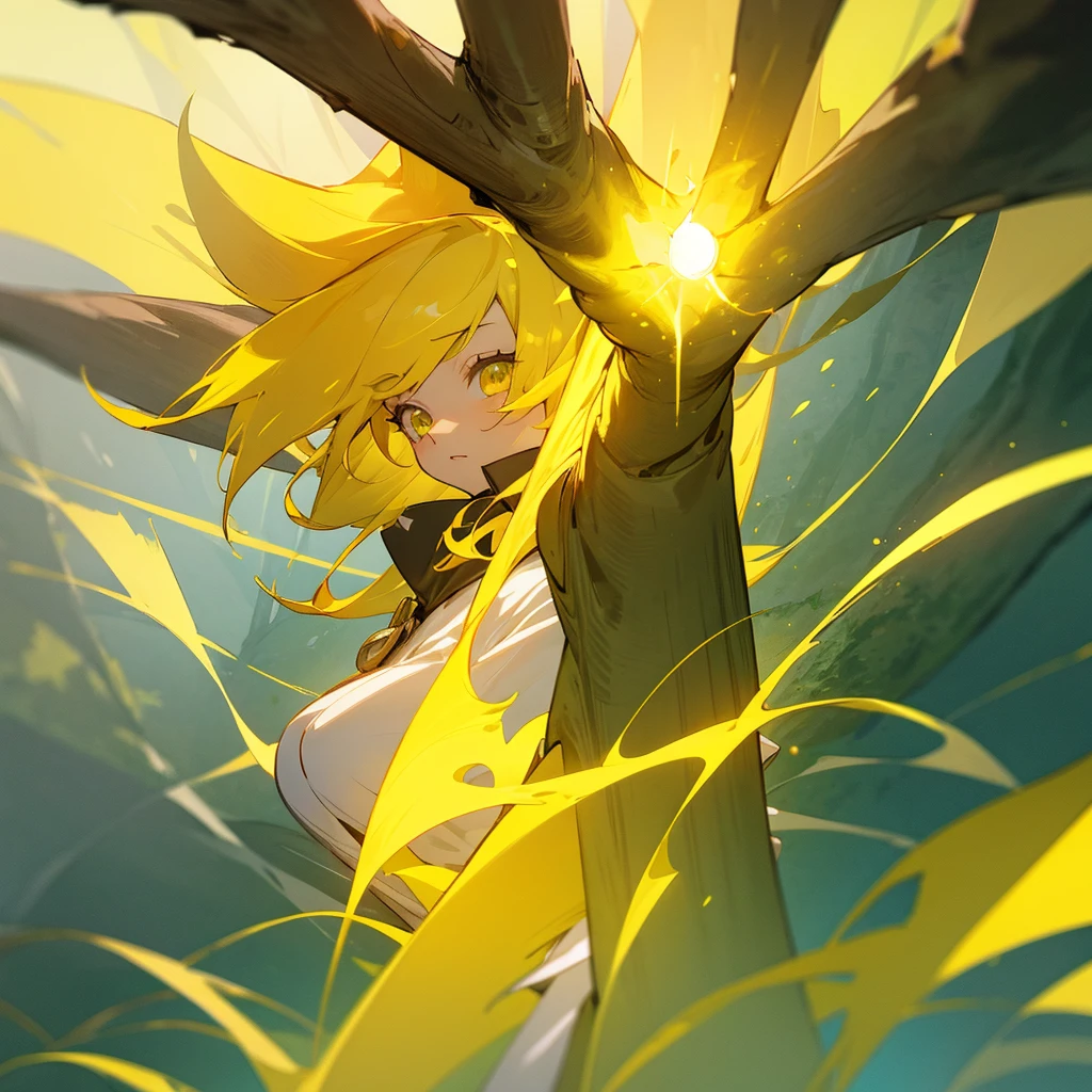 Anime girl with yellow hair as a mage that is young1girl, Long Hair, looking at a tree that is glowing with yellow aura and the tree is tall