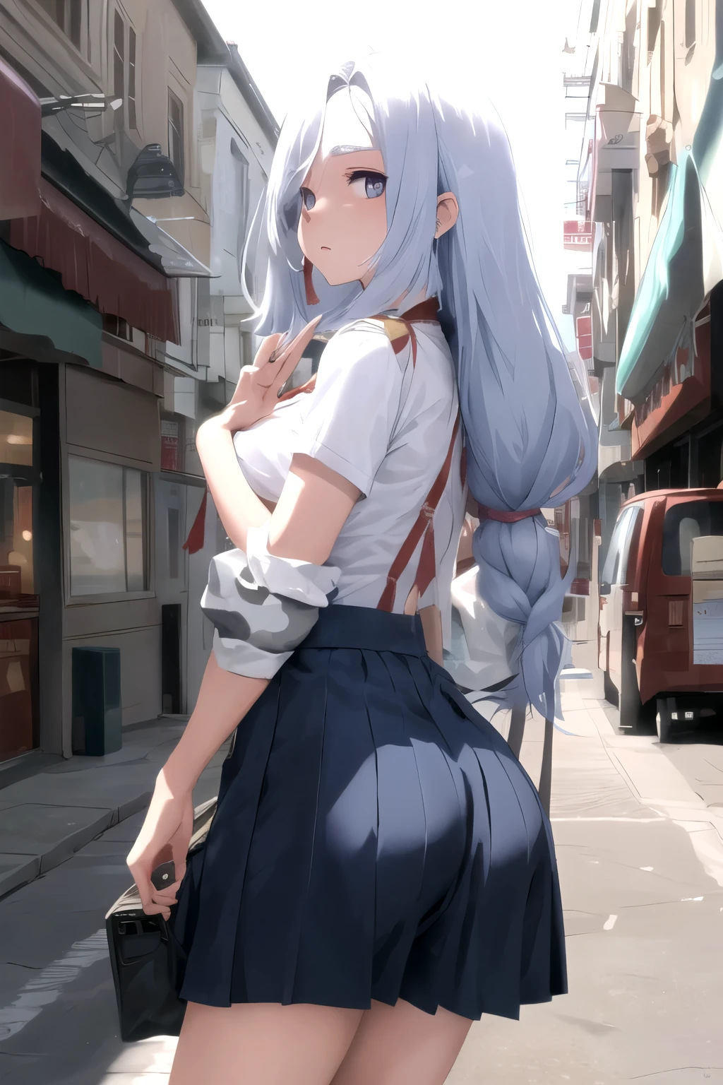 character costume, marked ass, walking down the street without looking or noticing the camera, her skirt is up