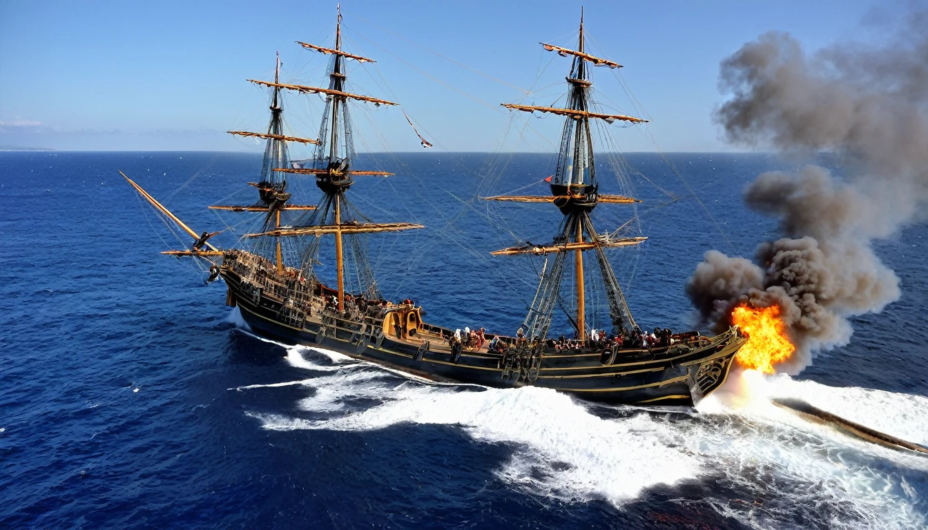 Au crépuscule, (deux bateaux côte-à-côte), un bateau pirate et un navire de guerre français, navires côte-à-côte en ligne de bataille, bateau pirate et bateau français à l'abordage  dans une bataille épique, tirant des canons les uns sur les autres, coups de canon visibles, pirates sur des cordes partant à l'abordage, feu, les voiles se déchirent, explosion, beaucoup de destruction, aventureux, détaillé, Historique.