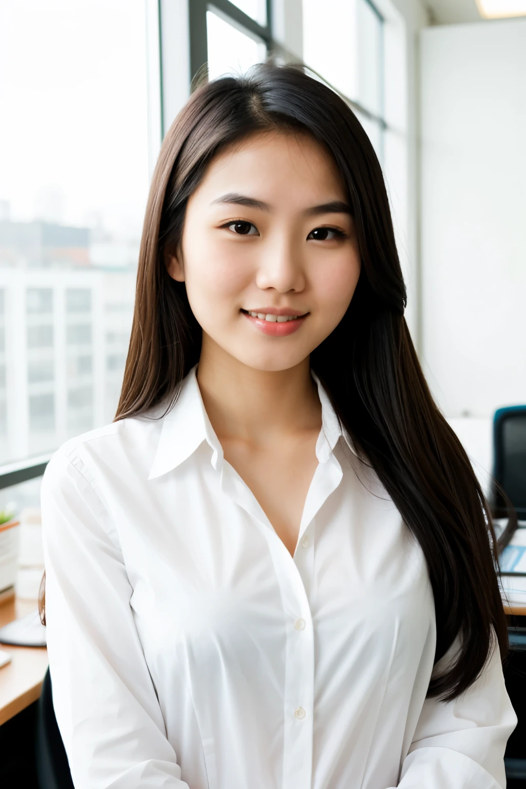 Portrait of a very beautiful Asian girl, White skin, long hair, in very polite office attire
