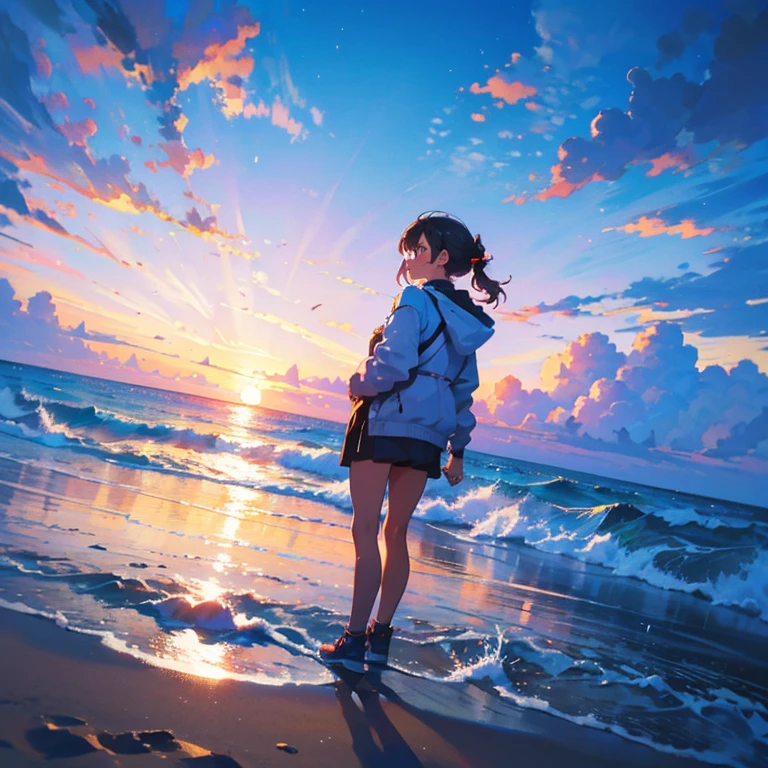 An illustration, A girl is on the beach in the evening, Highest quality, 8k, Angle from below
