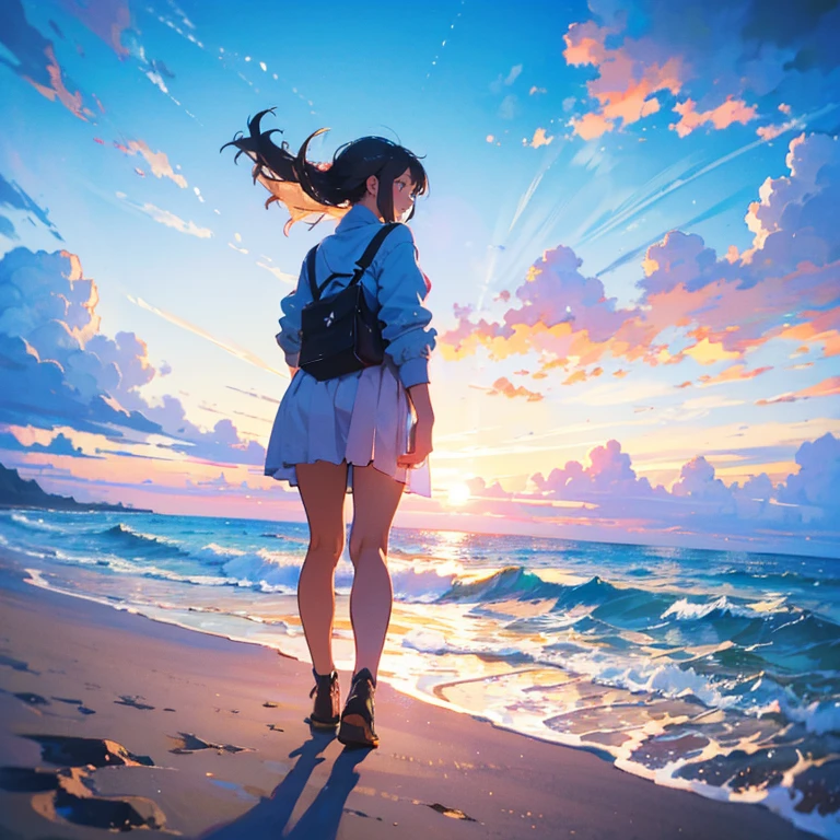 An illustration, A girl is on the beach in the evening, Highest quality, 8k, Angle from below
