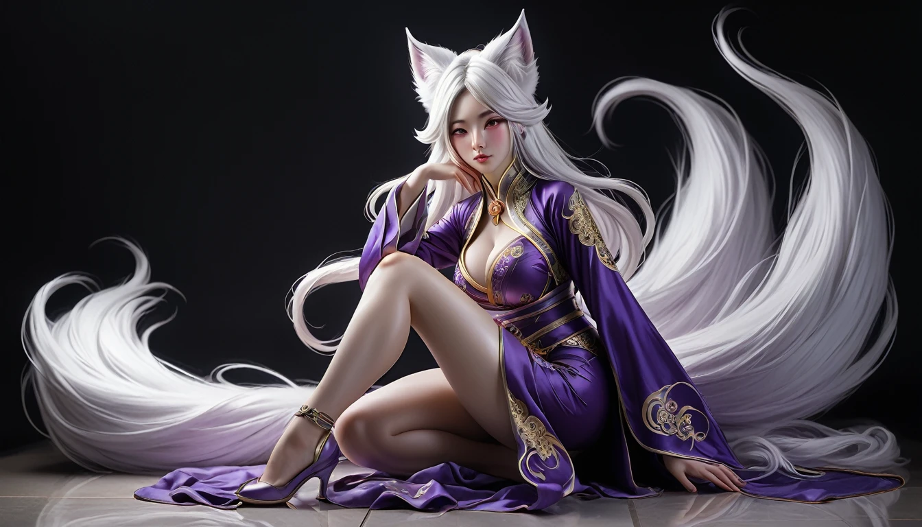 (masterpiece, top quality, best quality, official art, beautiful and aesthetic:1.2),(((Realistic, Photorealistic))). Actual image of a girl kneels gracefully. Silk outfit featuring purple and black tones, embellished with ornate gold patterns. Chinese ancient. Big breast. View to the viewer. She has long, flowing white hair and pointed, fox ears. (white hair). (((She has 9 tails of purple and white))). Inspired by ahri from league of legends. Her expression is soft and inviting, enhancing her enchanting presence. Photos have high detail. High quality. Studio Lighting. White Background.