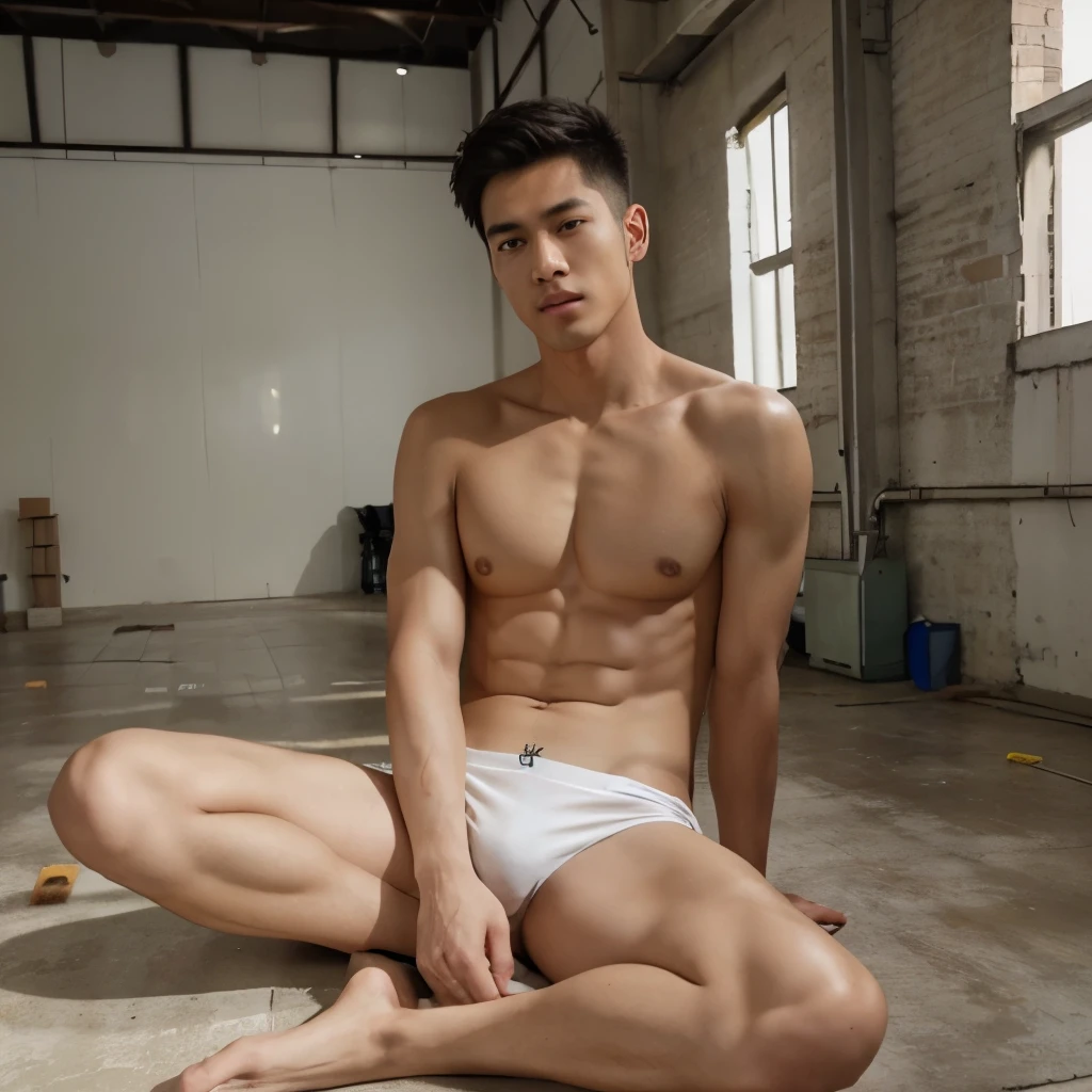 1 handsome young man,Young Asian Man,,thin,blink,ร่างกายthinลีน,Take off your shirt. , white panties, , Full Height , Cover photo, Instagram model , in the old warehouse , sitting on the floor