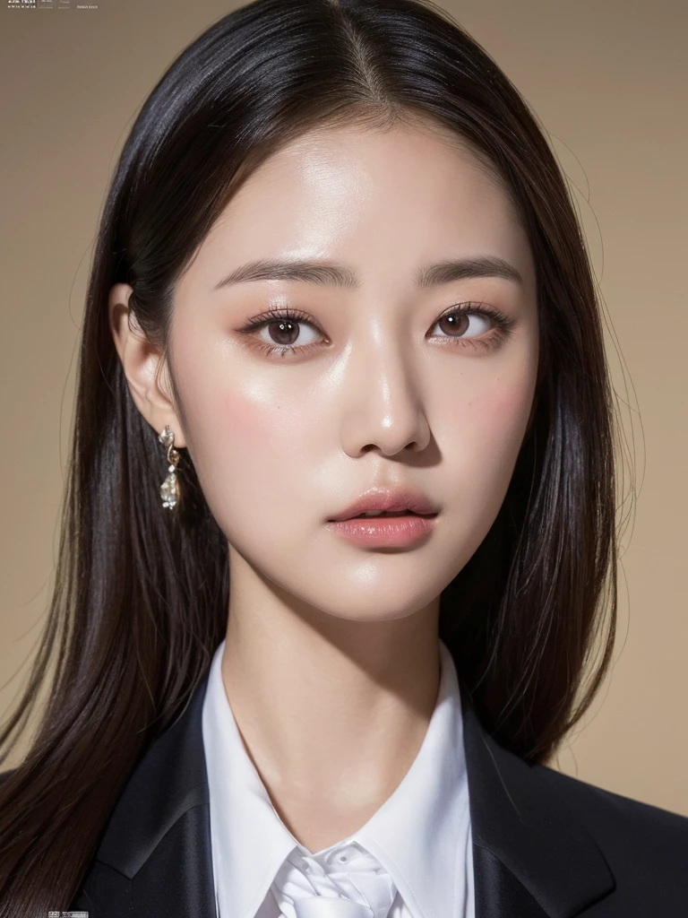 (Surrealism), (illustration), (high resolution), (8k), (Extremely detailed), (best illustration), (Beautiful and delicate eyes), (best quality), (Ultra Detailed), (masterpiece), (wallpaper), (Delicate face), Solitary, 1 girl, Black curly hair, Korean, A woman in a suit and tie poses for a photo, Nam Jae-yeon, Shin Jin Hye, Twice&#39;s Tzuyu, Lee Ji-eun, Lee Ji-eun, yanjun chengt, Huang Shiwen, Portrait of a Korean female idol, Kim Do-young, Cui Xianhua, Inspired by Kim Jong-hee