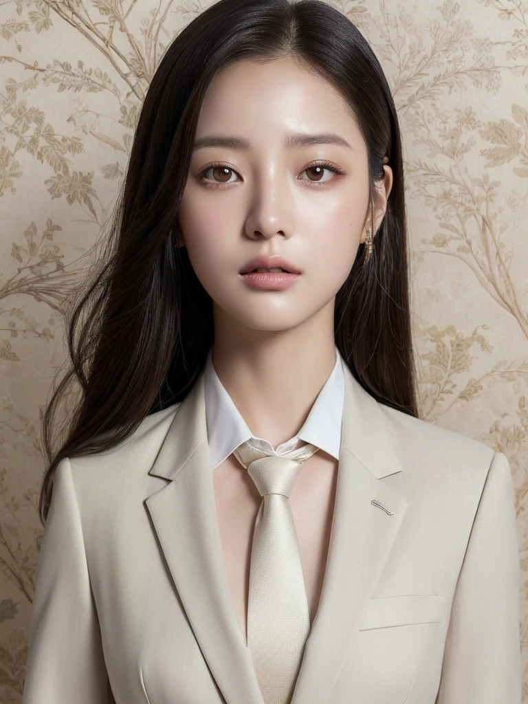 (Surrealism), (illustration), (high resolution), (8k), (Extremely detailed), (best illustration), (Beautiful and delicate eyes), (best quality), (Ultra Detailed), (masterpiece), (wallpaper), (Delicate face), Solitary, 1 girl, Black curly hair, Korean, A woman in a suit and tie poses for a photo, Nam Jae-yeon, Shin Jin Hye, Twice&#39;s Tzuyu, Lee Ji-eun, Lee Ji-eun, yanjun chengt, Huang Shiwen, Portrait of a Korean female idol, Kim Do-young, Cui Xianhua, Inspired by Kim Jong-hee