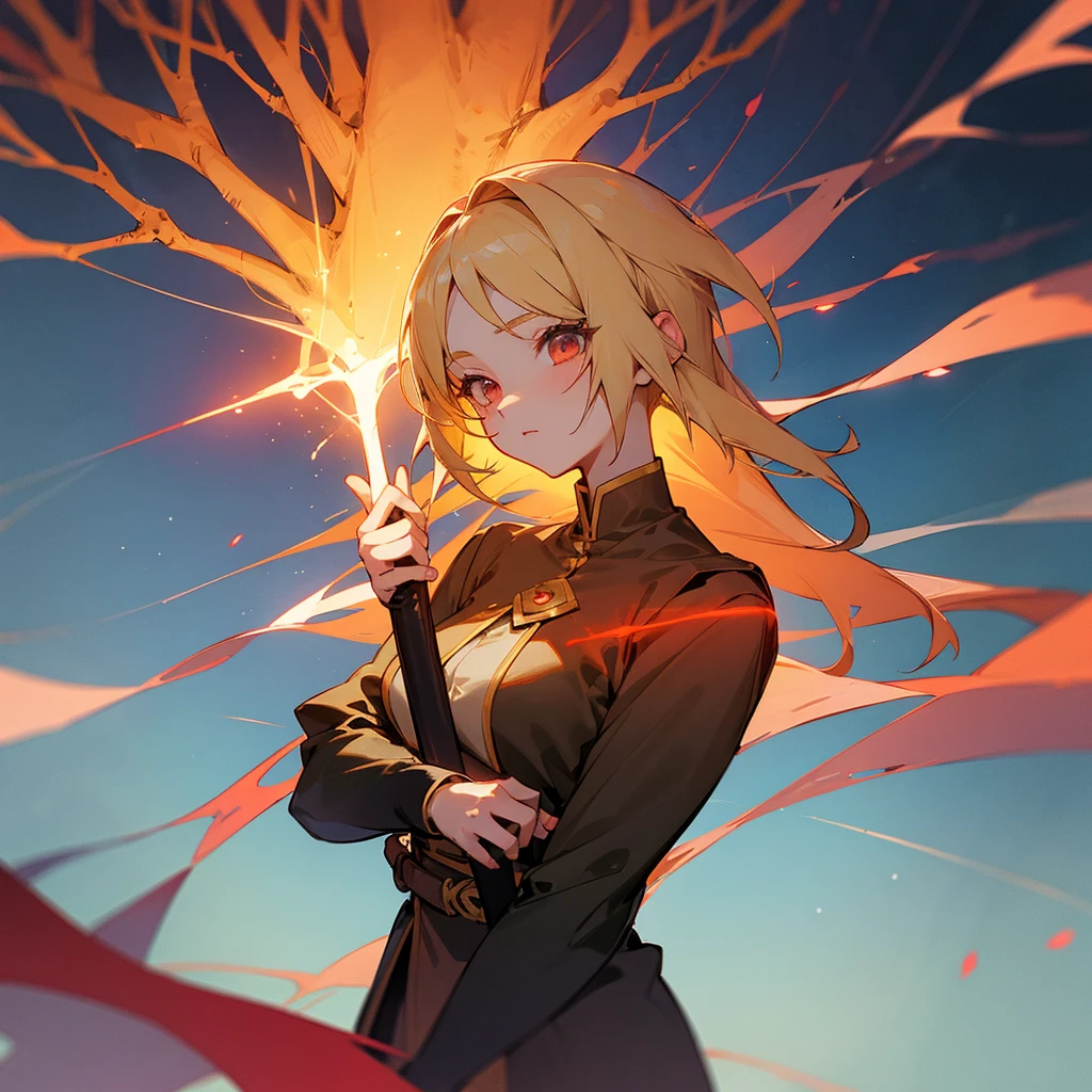 Anime girl with blond hair as a mage that is young1girl, looking at a tree that is glowing with red aura and the tree is tall