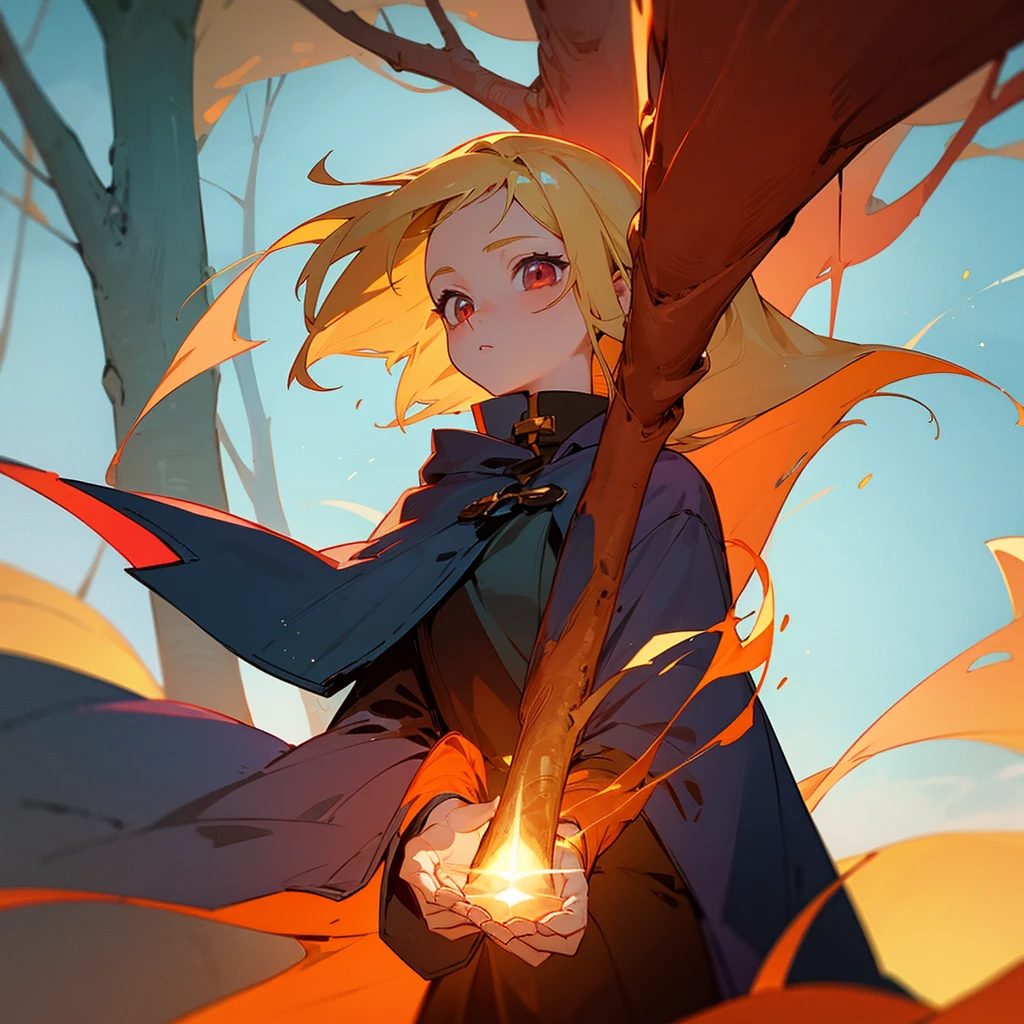 Anime girl with blond hair as a mage that is young1girl,  looking at a tree that is glowing with red aura and the tree is tall