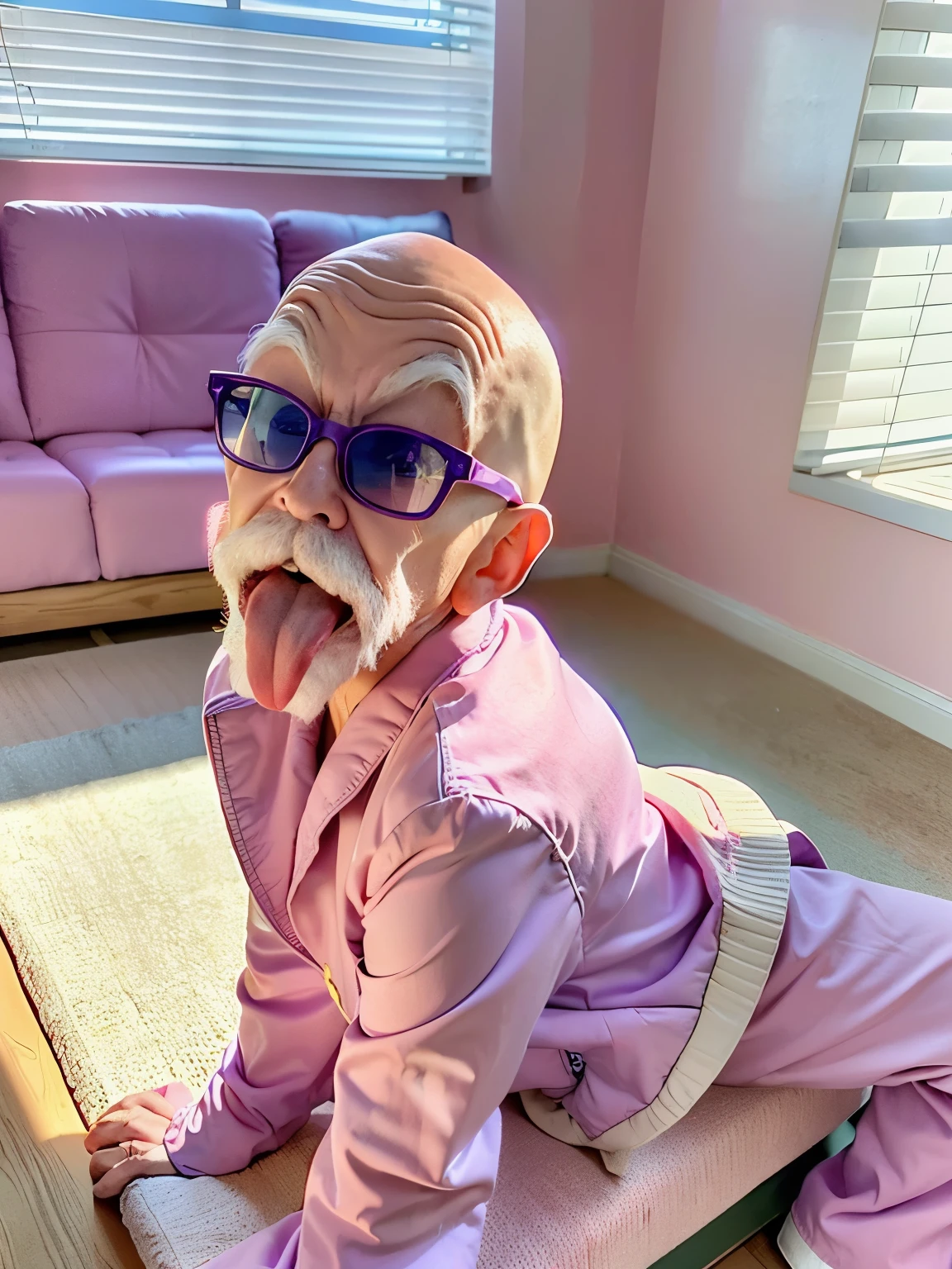 (masterpiece:1.2, best quality:1.2), ((1old man)), professional lightings, cinematic lightings, 8k wallpaper, ultra realistic portrait of Roshi, dragonball, Muten Roshi_dbz, ((indoors, living room, visible oceans via window, house plant, wooden floor, low couch, white carpet, TV, pink painted wall)), Chinese clothe under jacket, blue pants, bald, old man, white beard, ((wearing realistic & detailed sunglasses)), (backpack with purple turtle shell), mustache, full body, red-framed sunglasses, orange jacket, sitting on low couch, ((ultra realistic tongue out, ultra detailed tongue out)), ((directly side view, directly side angle)), zoom up face view, close up face angle,