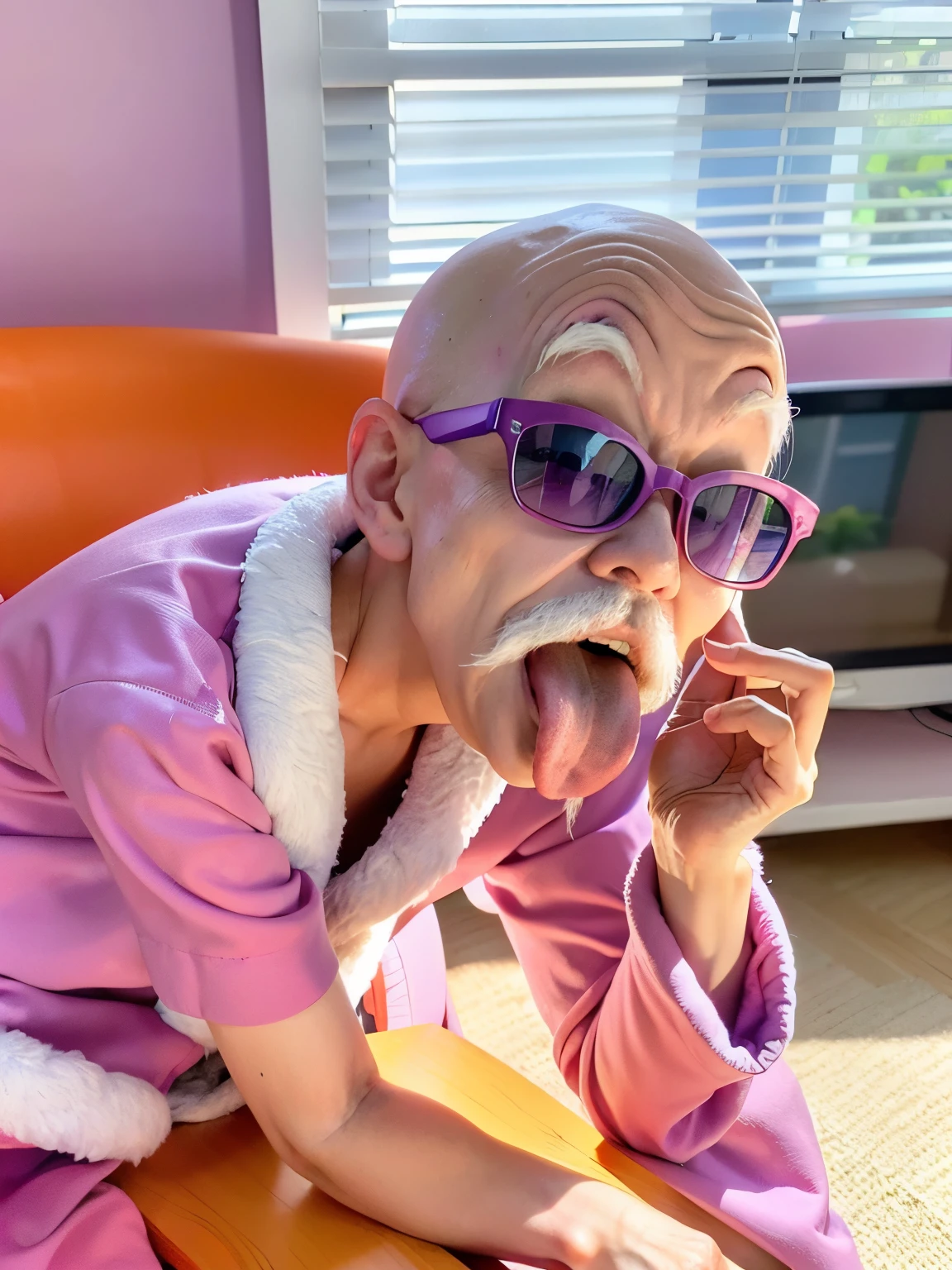 (masterpiece:1.2, best quality:1.2), ((1old man)), professional lightings, cinematic lightings, 8k wallpaper, ultra realistic portrait of Roshi, dragonball, Muten Roshi_dbz, ((indoors, living room, visible oceans via window, house plant, wooden floor, low couch, white carpet, TV, pink painted wall)), Chinese clothe under jacket, blue pants, bald, old man, white beard, ((wearing realistic & detailed sunglasses)), (backpack with purple turtle shell), mustache, full body, red-framed sunglasses, orange jacket, sitting on low couch, ((ultra realistic tongue out, ultra detailed tongue out)), ((directly side view, directly side angle)), zoom up face view, close up face angle,