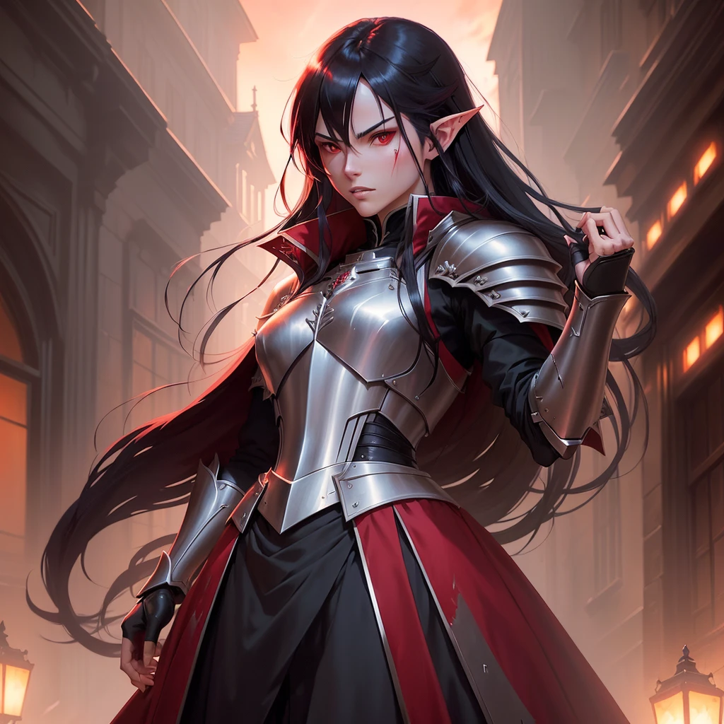 ( excellent quality ) 1boy, masculine, close up of a vampire in a dark courtyard, stern expression, crimson eyes, very long black hair, gray fur coat collar, black goatee, very pale skin, pointy ears, elf ears, ornate plate armor, malignant aura, dominating stance, kingly aura, long coat under the plate armor, thin tabard over chest, blood red sky, makoto shinkai, artgerm and atey ghailan, demon slayer art, krenz cushart and artgerm, makoto sinkai, casimir art, range murata and artgerm