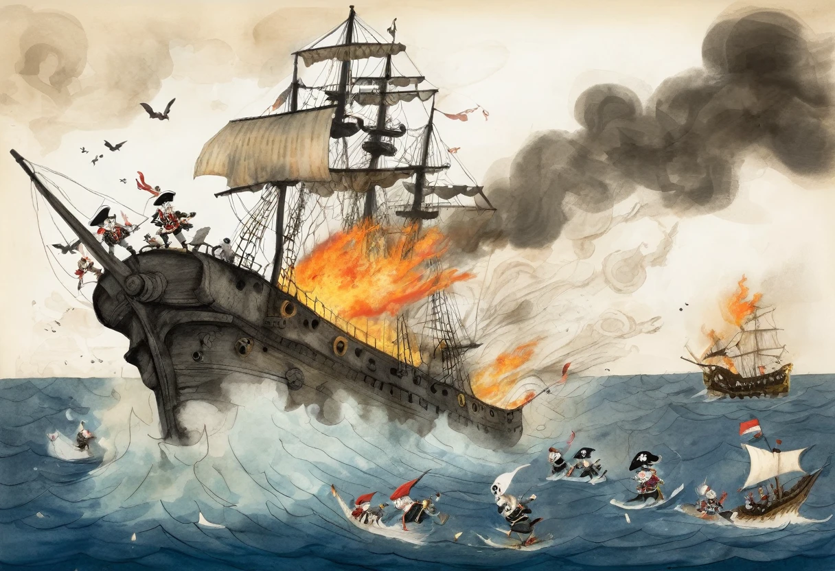 Gabriel Pacheco Style page, J_drawing, Pirates and Navy Battle、Sailors and pirates fight to the death on a burning ship、Collapsing Ship、cadaver
