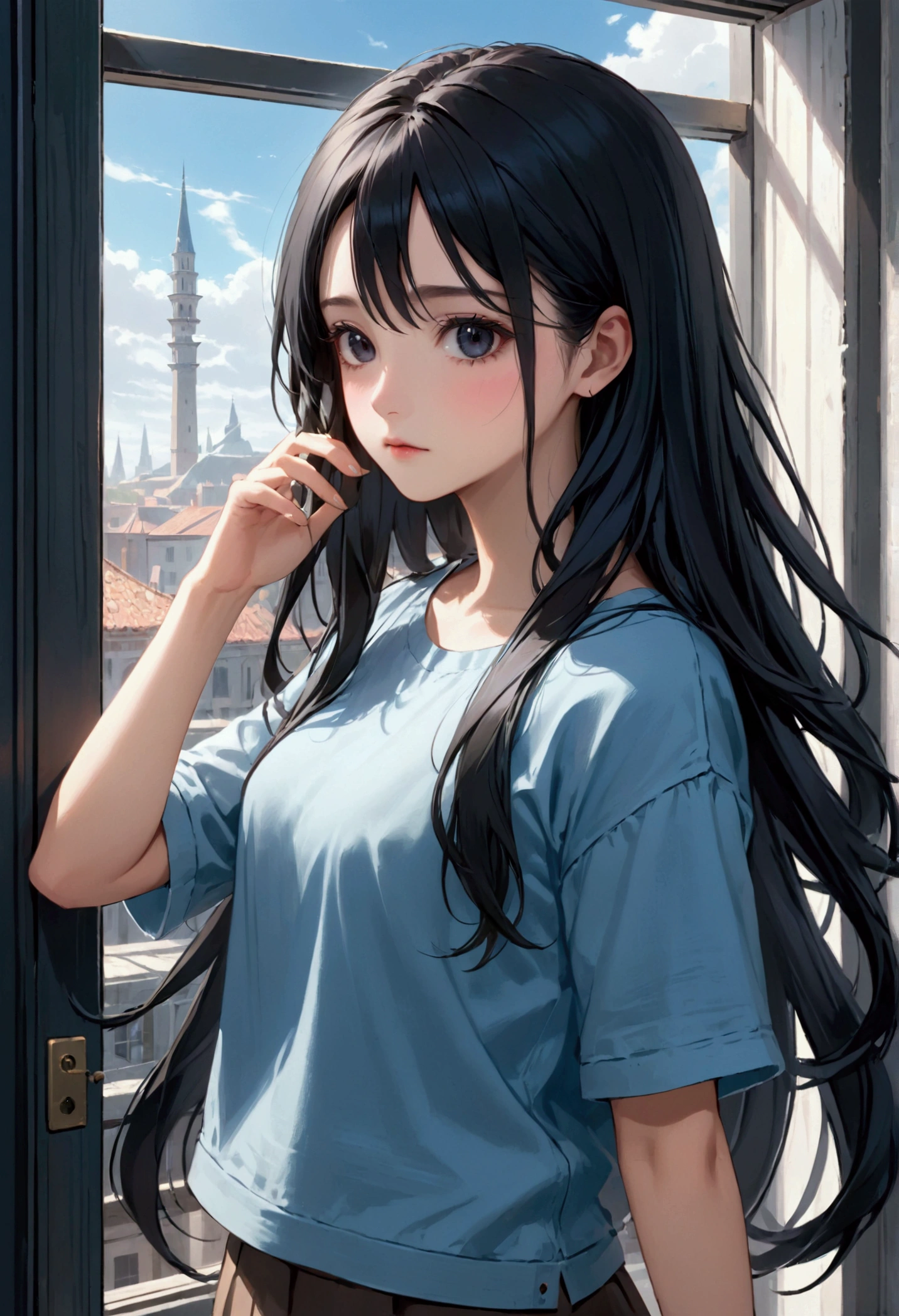 A girl with long black hair and black eyes,casual wear.8k, best quality, aesthetic,ultra-detailed, masterpiece