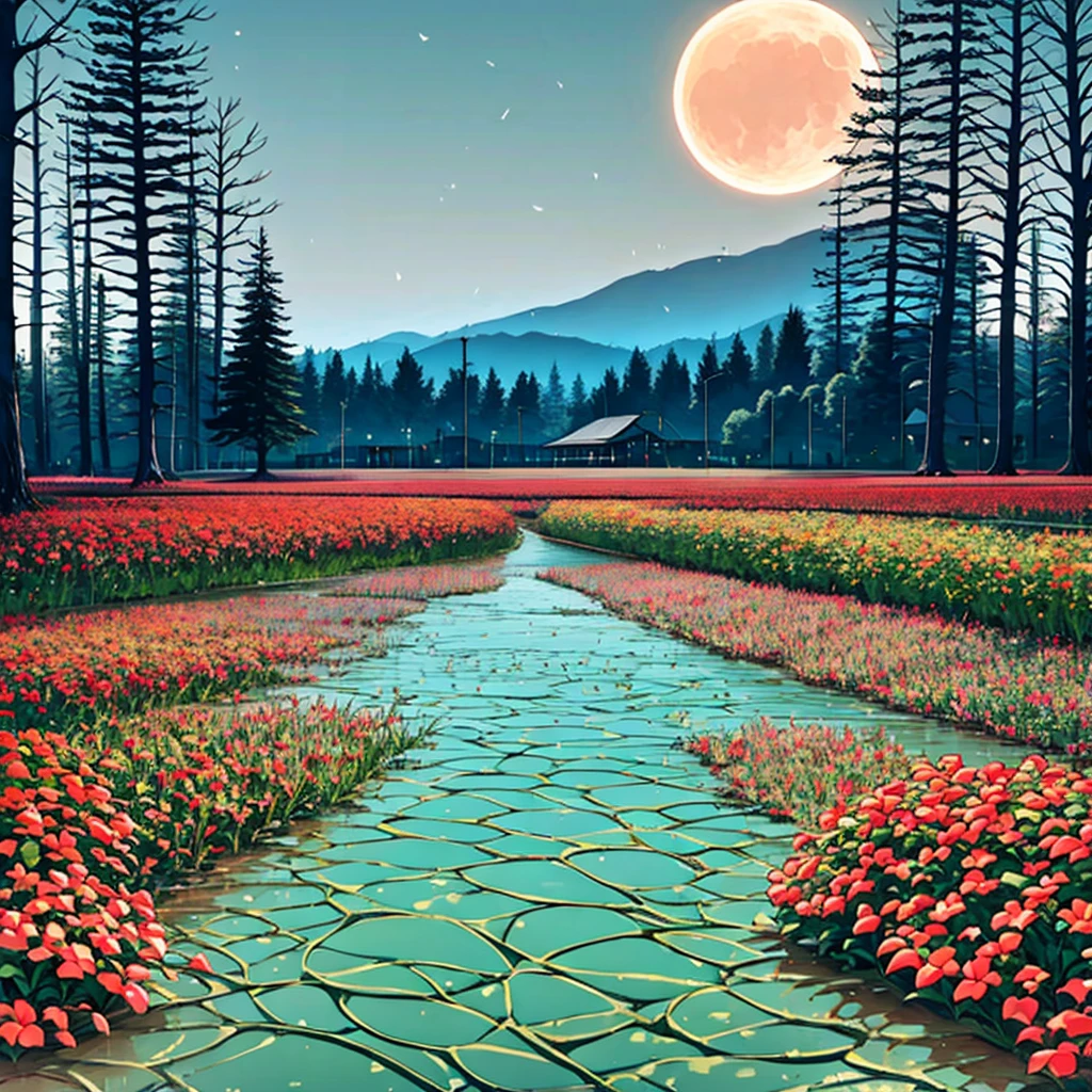 Panorama, masterpiece, Wonderful landscape, High definition, Vision, View from afar, Nostalgic scenery, May, rural, I just planted the seedlings, Water-filled rice field, The setting sun is reflected in the rice fields, Children running along the footpath, Lots of flowers, The moon is rising in the foreground