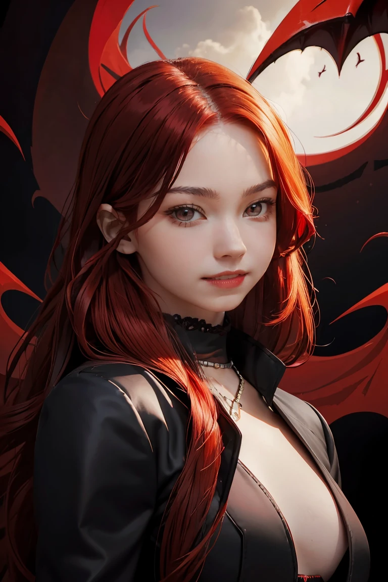 masterpiece, best quality, high res, 1girl, solo, modern vampire, red hair, long hair, open hair, red eyes, evil smile, fangs, vampires with red hair, red and black outfit, scary background
