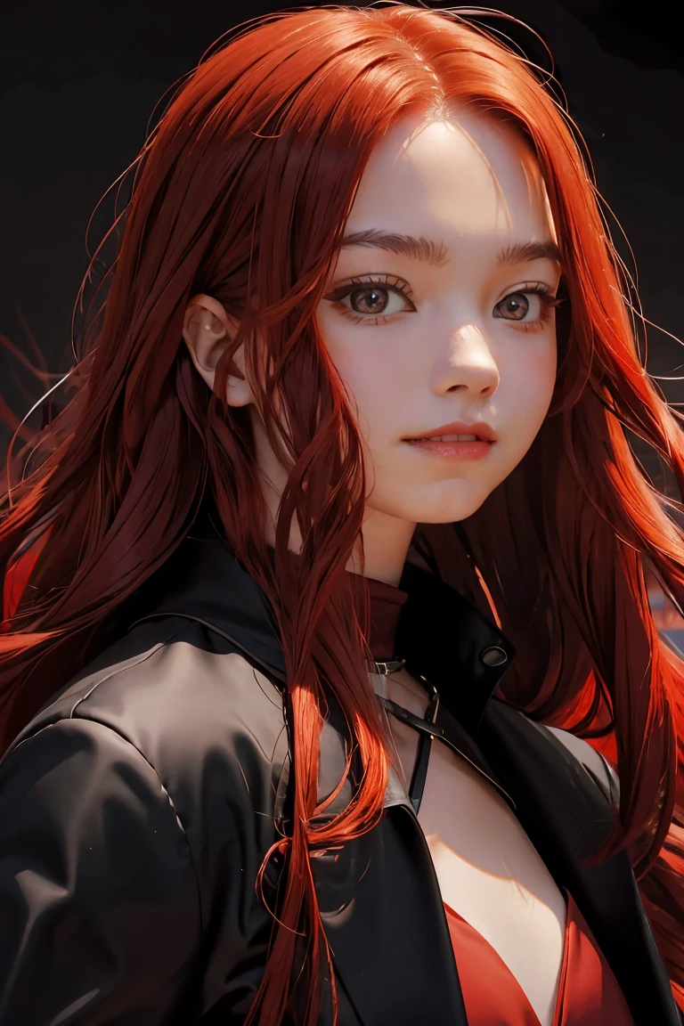 masterpiece, best quality, high res, 1girl, solo, modern vampire, red hair, long hair, open hair, red eyes, evil smile, fangs, vampires with red hair, red and black outfit, scary background