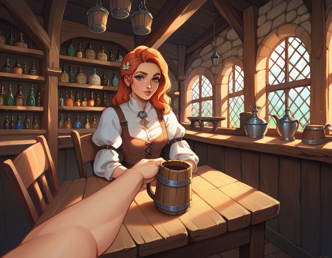 score_9,score_8_up,score_7_up, score_6_up, score_5_up,source_anime, scenery, a bar, medieval tavern, pov, pov viewer is sitting in a medieval tavern bar