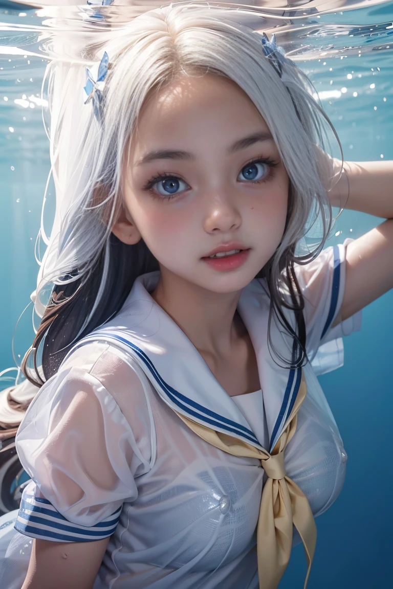 (see-through:1.3),white serafuku,sailor dress, white theme,school uniform, sailor suit, looking at viewer, insanity, messy long hair, beautiful detailed eyes,Hair glows,dramatic angle,blue sailor collar, perky breasts,light smile,partially underwater shot...