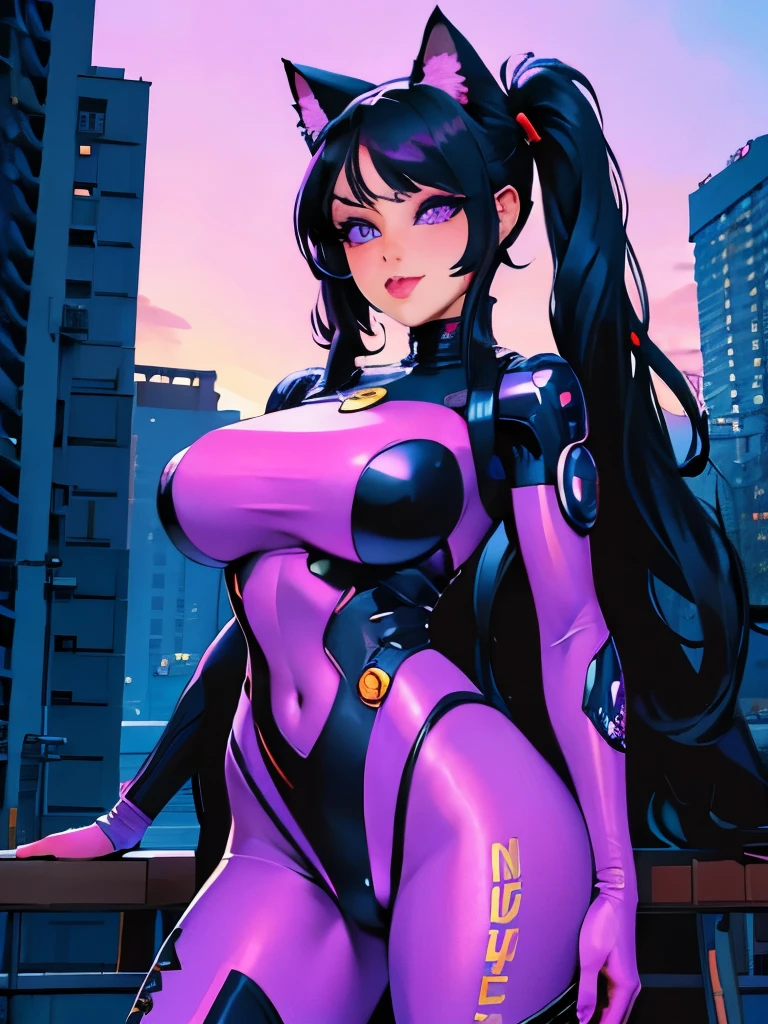 (masterpiece),(best quality),extreamly delicate and beautiful,illustration,((perfect female figure)),mature female,1 rider girl,i:p masquerena, bodysuit,black very long hair,twintails, purple eyes, cyberpunk  city background,cat ears helmet,