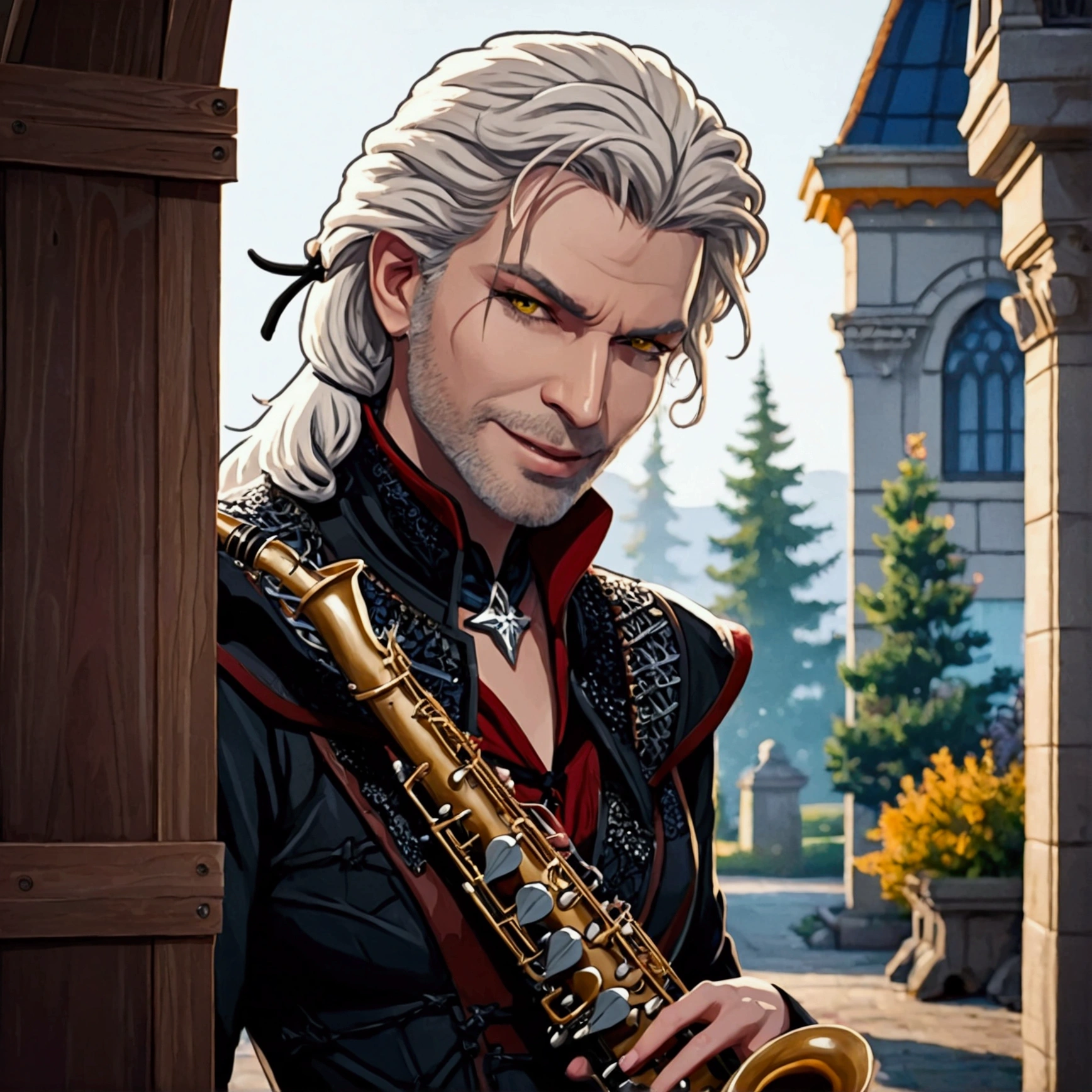 Beautiful grey-skinned vampire girl, named Irina, blond bright red curly hair, With a mysterious look, eyes glow with a yellow otherworldly light. Black gothic dress made of black silk. Saxophone in the hands of Irina. upper body peeks out. Night in the big gothic city.