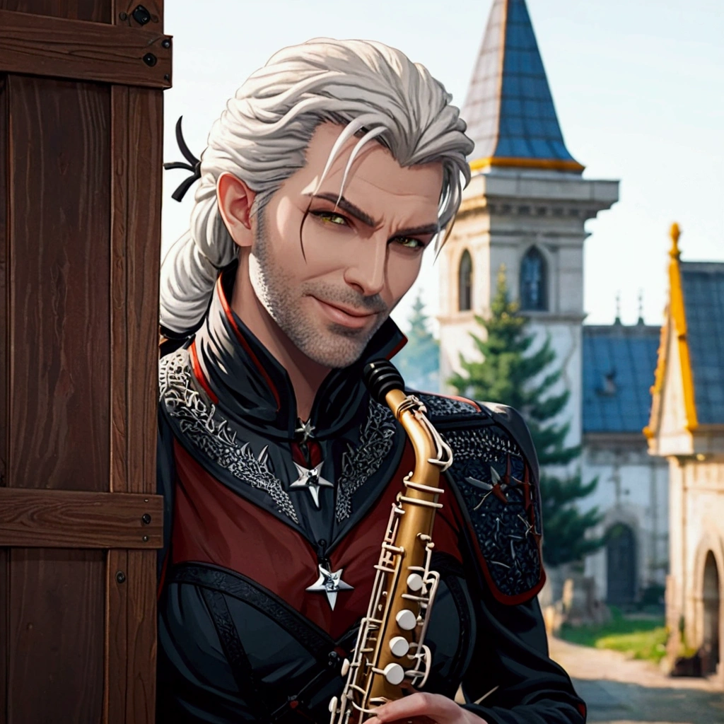 Beautiful grey-skinned vampire girl, named Irina, blond bright red curly hair, With a mysterious look, eyes glow with a yellow otherworldly light. Black gothic dress made of black silk. Saxophone in the hands of Irina. upper body peeks out. Night in the big gothic city.