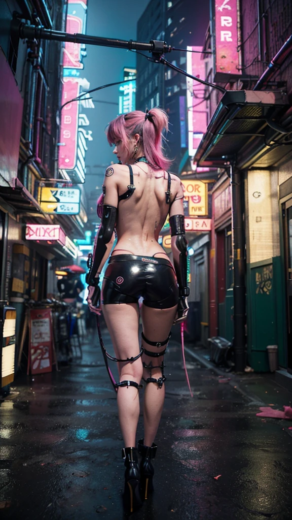 (Tabletop, Highest quality, Highest quality, Official Art, beautifully、aesthetic:1.2),(One Girl:1.4),whole body,([pink|green] hair:1.5),Very detailed,(Fractal Art:1.3),(colorful:1.5),Best details,(Mechanical transformation:1.3),(Fixed:1.2),Otome,(A complex mechanical conduit is inserted into his back.:1.5),catheter,(Neon Background:1.4),(Neon City:1.75),night,Large Breasts,(Gothic_ta:1.2),High heels,(:0.75),compensate,blush,(cyber punk:1.4),((View your viewers:1.3)),((Recall)),Sofia Boutella, Brunette, Sunburn, huge , Nikon d850 film stock photos 4 kodak portra 400 camera f1.6 Lenses、Rich colors、Ultra-realistic and realistic texture、Dramatic lighting、UnrealEngine、Trending on Artstation、cinestill 800,