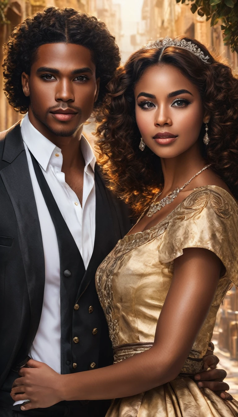 "Create a book cover for 'El Precio del Deseo.' Featuring a handsome young African American man and an elegant Latin woman with dark chocolate skin and beautiful curly hair. The portrait should depict them as a romantic couple, with detailed facial features, captured in cinematic lighting and a dramatic atmosphere. The image should be vibrant and colorful, with a photorealistic quality. Aim for an 8k resolution masterpiece with a subtle warm glow and soft focus on the background. Both characters should have their eyes looking directly at the viewer.