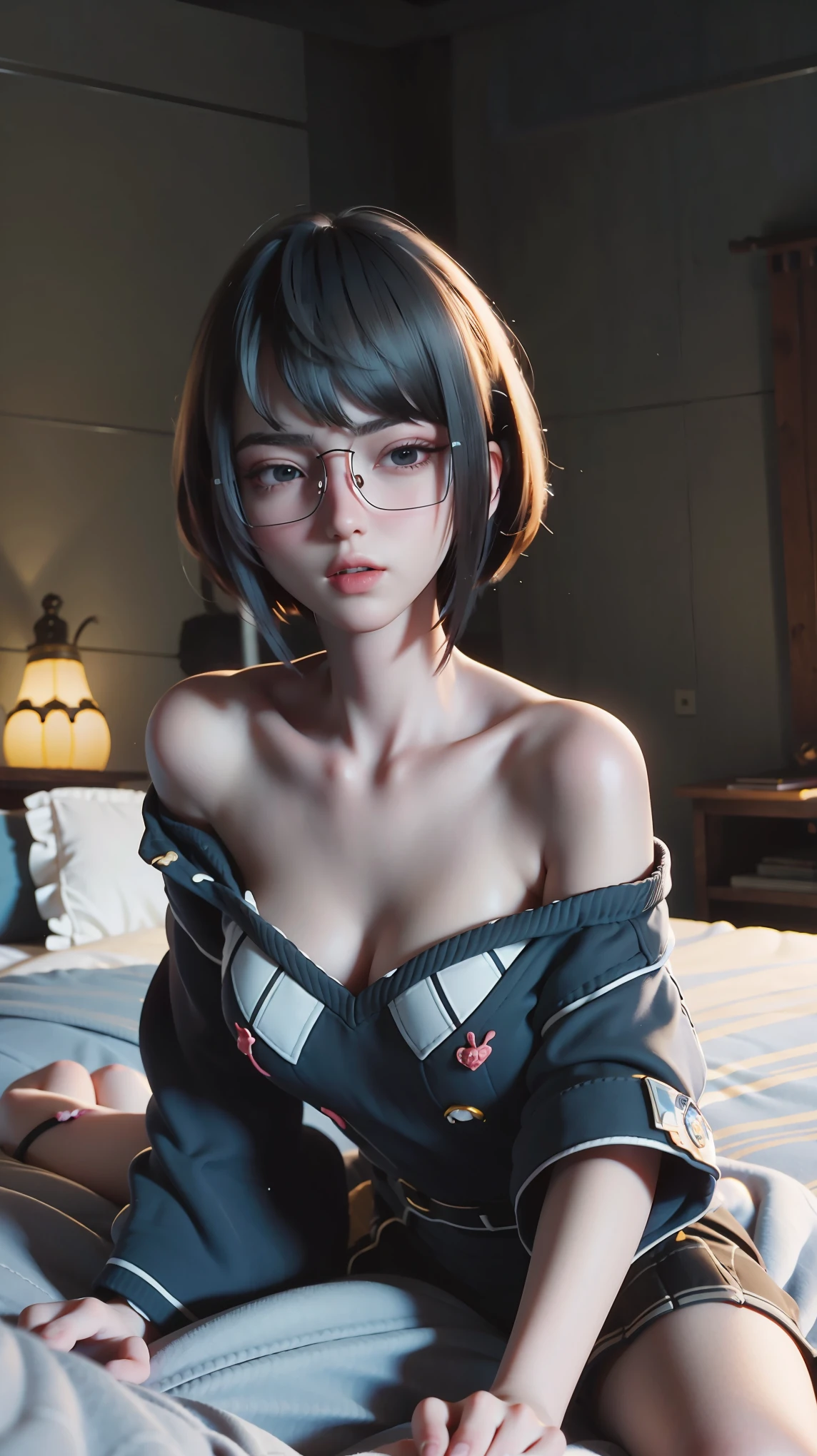 一个女孩Lying in bed,Dressed in suspender pajamas,Face up,Raise your legs slightly,Front view super detailed beautiful big breasted girl . Ultra HD, 4K, 8K, Movie,whole body,Lying down,Long legs,Very big breasts,whole body捕捉,(((Lying in bed))),(((whole bodyLying in bed))),big bed,Off-shoulder,Shoulder-length skirt,Lying in bed,Sleeping on the pillow,Lying down,Headrest pillows,(((平Lying in bed))),whole body平Lying in bed
