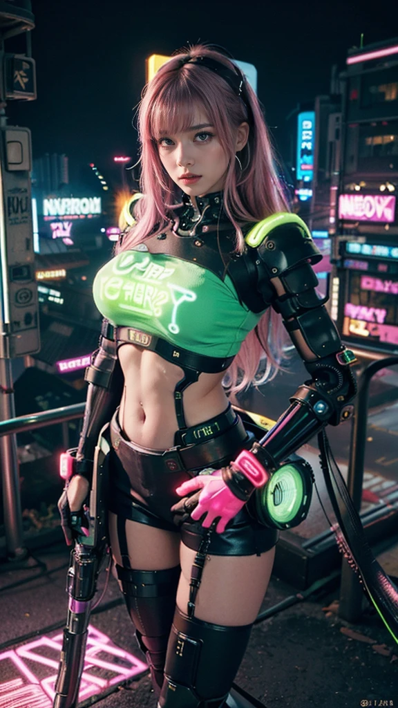 (Tabletop, Highest quality, Highest quality, Official Art, beautifully、aesthetic:1.2),(One Girl:1.4),whole body,([pink|green] hair:1.5),Very detailed,(Fractal Art:1.3),(colorful:1.5),Best details,(Mechanical transformation:1.3),(Fixed:1.2),Otome,(A complex mechanical conduit is inserted into his back.:1.5),catheter,(Neon Background:1.4),(Neon City:1.75),night,Large Breasts,(Gothic_ta:1.2),High heels,(:0.75),compensate,blush,(cyber punk:1.4),((View your viewers:1.3)),((Recall)),Sofia Boutella, Brunette, Sunburn, huge , Nikon d850 film stock photos 4 kodak portra 400 camera f1.6 Lenses、Rich colors、Ultra-realistic and realistic texture、Dramatic lighting、UnrealEngine、Trending on Artstation、cinestill 800,
