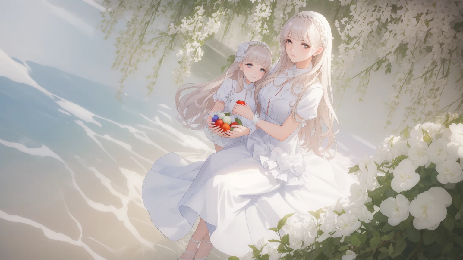 beautiful young woman, white dress, Kid&#39;s outfit, in a beautiful house, My hair is long and neat., flirtatious, Smiling softly, holding a fruit basket,look at yourself in the mirror,Look in the mirror, Ultra HD, realistic, Bright colors, Highly detailed, UHD Drawing, perfect composition, Complex with beautiful details