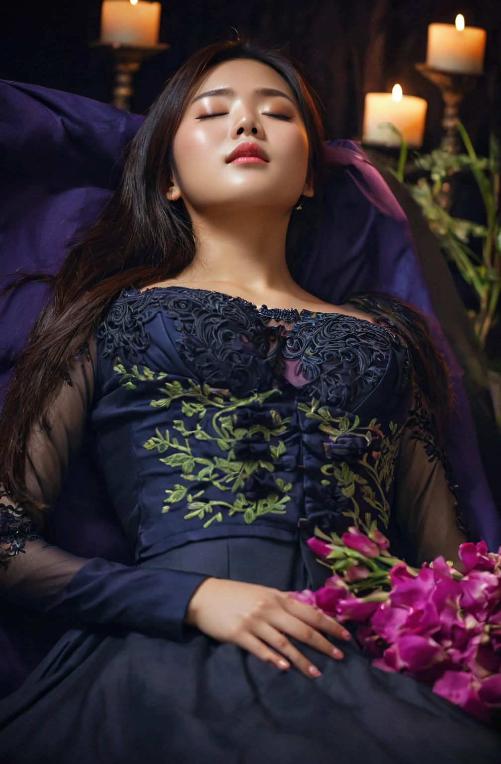In a striking 8K HDR scene, a stunning Korean woman, 22 years old, lies peacefully in a black coffin surrounded by plush pillows. The deep box is set against a rich black background, accentuating the beauty of the subject. Her exquisite deep-V neckline kebaya attire is embroidered with superb detail, showcasing her round and firm breasts, perfect cleavage, and beautiful eyebrows. Her closed eyes and mouth give an air of serenity, while her visible and absolute cleavage leave nothing to imagination. The scene is bathed in saturated colors, highlighting every intricate aspect from the ball skirt to her clean face, straight body, detailed hand perfect hands, straight body, holding the flowers, straight legs, detailed fingers, detailed hand