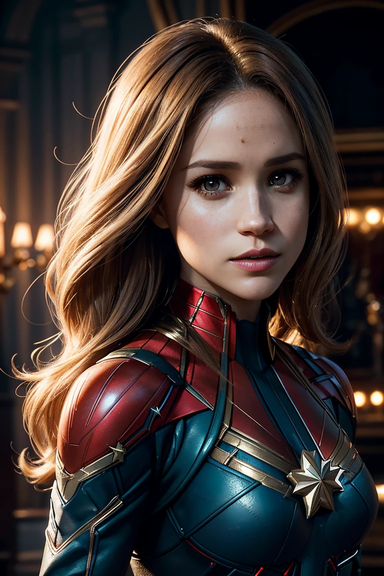 Meghan Markle, wearing Captain Marvel costume sexy clothes transparent. professionally retouched, soft lighting, realistic, smooth face, perfect eyes, sharp focus on eyes, 8 k, high definition, insanely detailed, intricate, elegant. in a natural background.