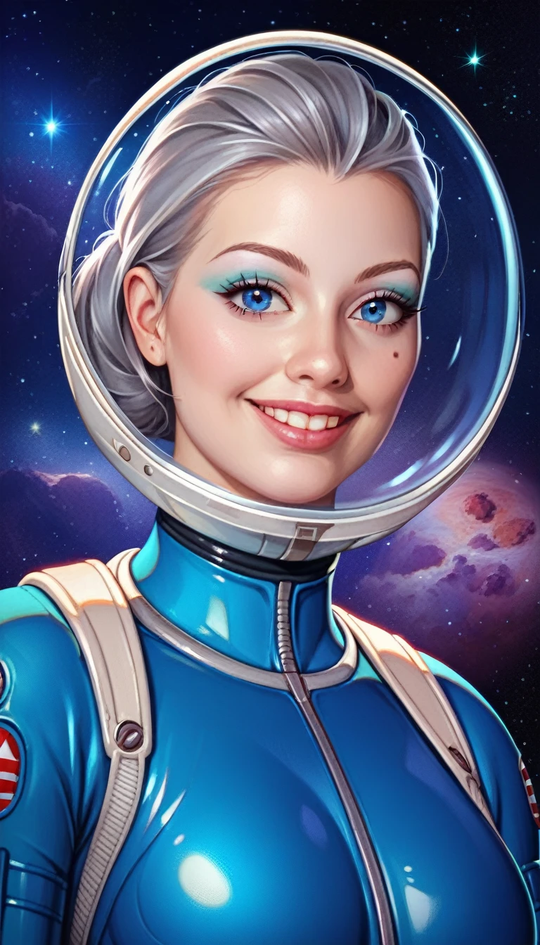 Highest quality, Ultra-high resolution, (realism: 1.4), Written boundary depth, Beautiful Face, (Pure erotic body_v1: 0.8), Half Body, | | One Girl, Center of chest, (Gray Hair: 1.3), An innocent smile, Natural Makeup, | | | Model pose, | | (Spacesuit: 1.3), (Blue Armor: 1.3), Exquisite design, | | Space Background, performer_(Married Woman), moonlight, night, | |