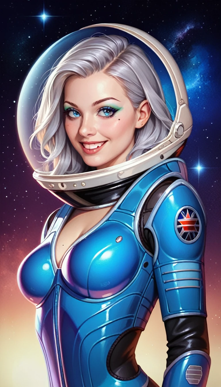 Highest quality, Ultra-high resolution, (realism: 1.4), Written boundary depth, Beautiful Face, (Pure erotic body_v1: 0.8), Half Body, | | One Girl, Center of chest, (Gray Hair: 1.3), An innocent smile, Natural Makeup, | | | Model pose, | | (Spacesuit: 1.3), (Blue Armor: 1.3), Exquisite design, | | Space Background, performer_(Married Woman), moonlight, night, | |