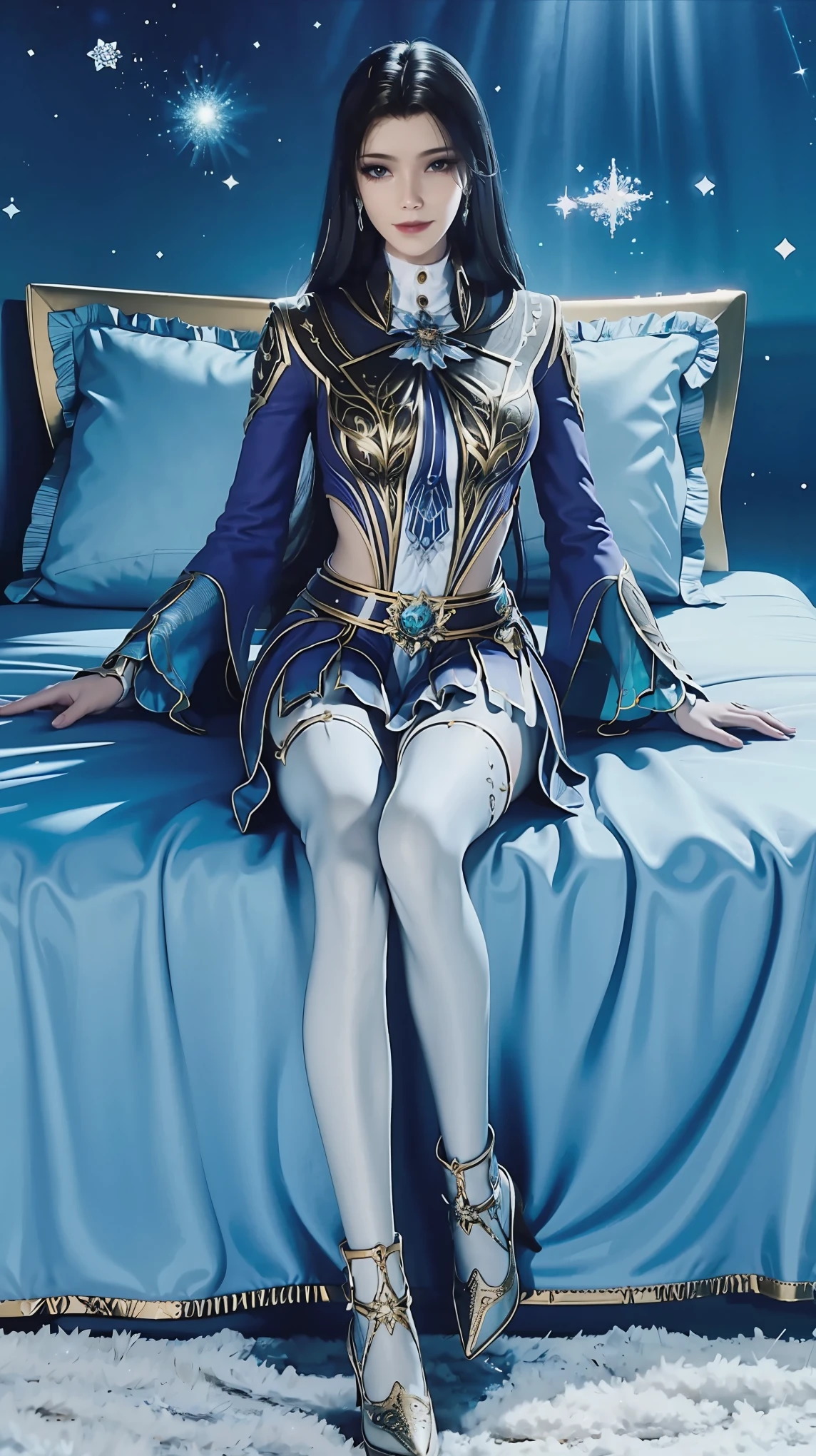 A girl lying on a bed under the starry sky,Exquisite smile,Beautiful and delicate eyes,Beautiful and delicate lips,Extremely detailed face and eyes,Long eyelashes,Full body,belly button,best quality,excellent work,((Full body view)),Cross-legged