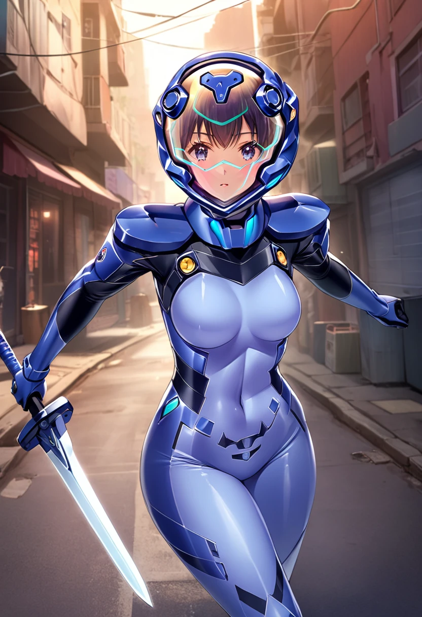 short hair, street, emo, BLACK hair, white eyes, eyeliner, apocalypse, (holding sword), astronaut, fighting stance, girl, running, road, city, fortified suit, ((blue:1.5) plugsuit), short hair, outdoors, cinematic light, medium breasts, covered navel, space helmet, muvluv, space helm, eva helmet,[[[[