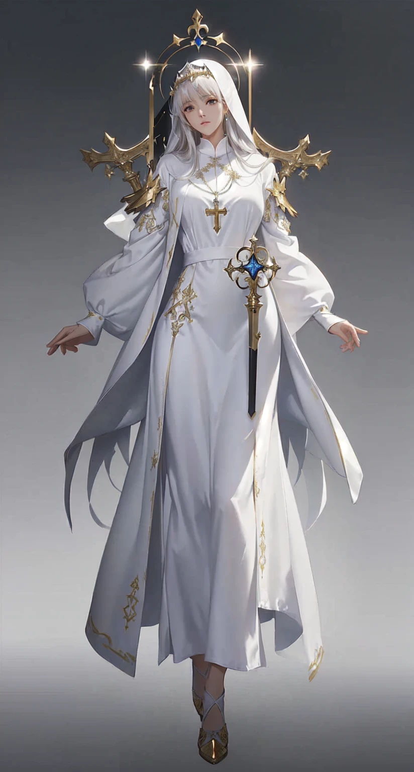 Wearing a white dress、Wearing a crown、Woman holding a sword, dressed like a Priest, pretty female Priest, female Priest, White and gold priestess robes, Beautiful full body concept art, Priest, flowing white robe, Gold and white robe, Kushat Krenz Key Art Women, Stunning character art, Epic and beautiful character art, Stunning 8k character concept art