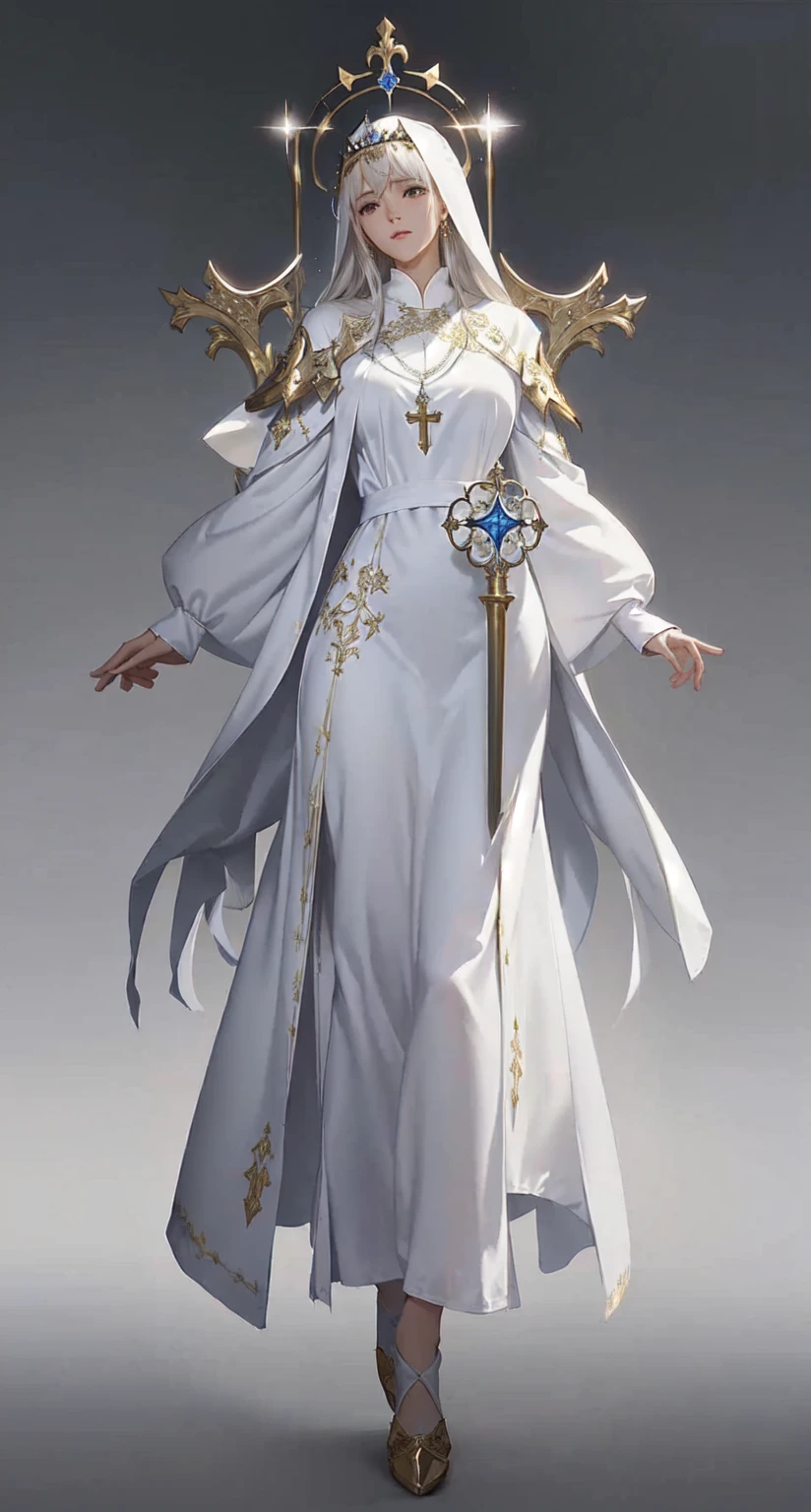 Wearing a white dress、Wearing a crown、Woman holding a sword, dressed like a Priest, pretty female Priest, female Priest, White and gold priestess robes, Beautiful full body concept art, Priest, flowing white robe, Gold and white robe, Kushat Krenz Key Art Women, Stunning character art, Epic and beautiful character art, Stunning 8k character concept art